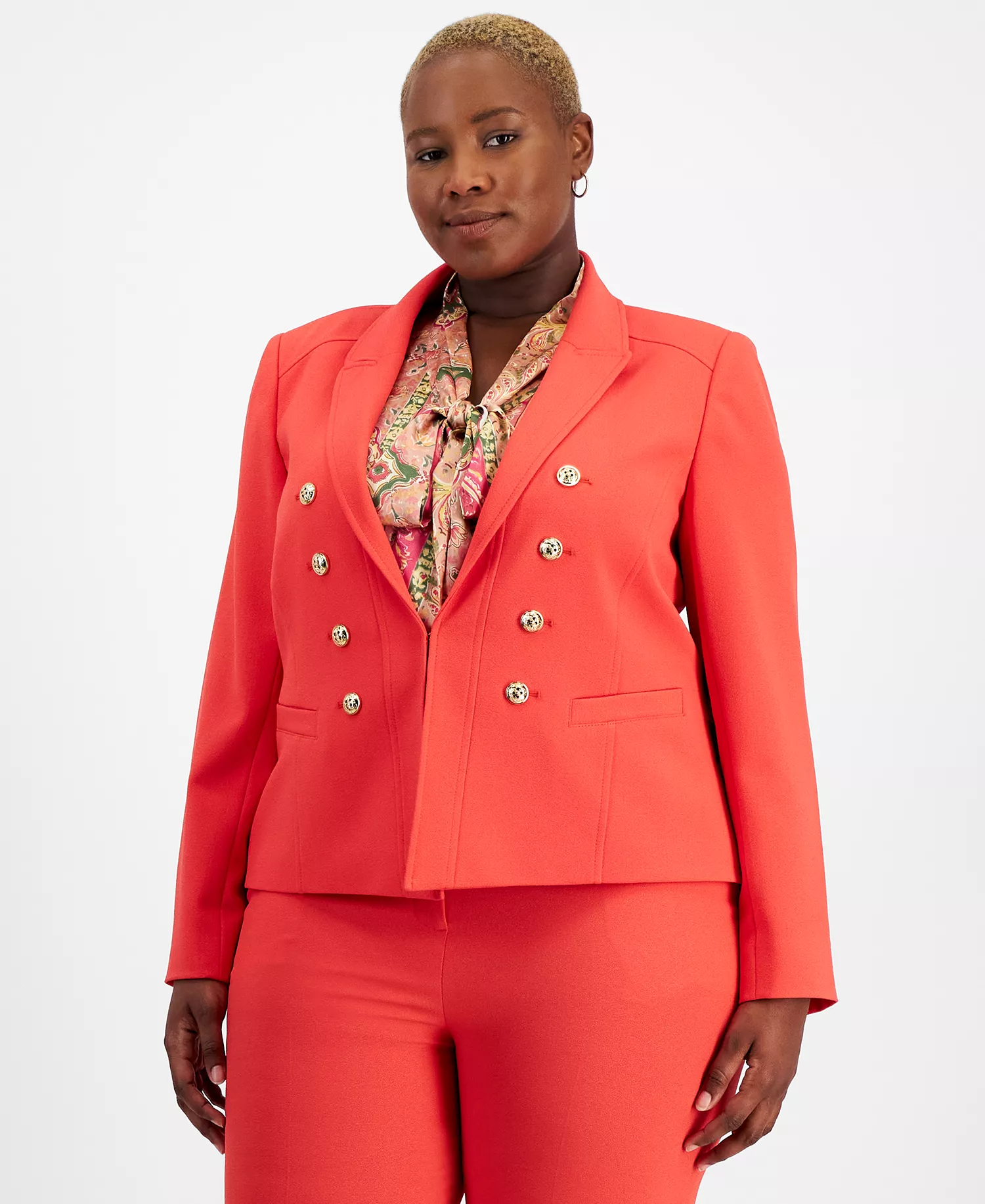 Plus Size Faux Double-Breasted Jacket, Printed Bow Blouse & Classic Ankle Pants - Grenadine - 14W