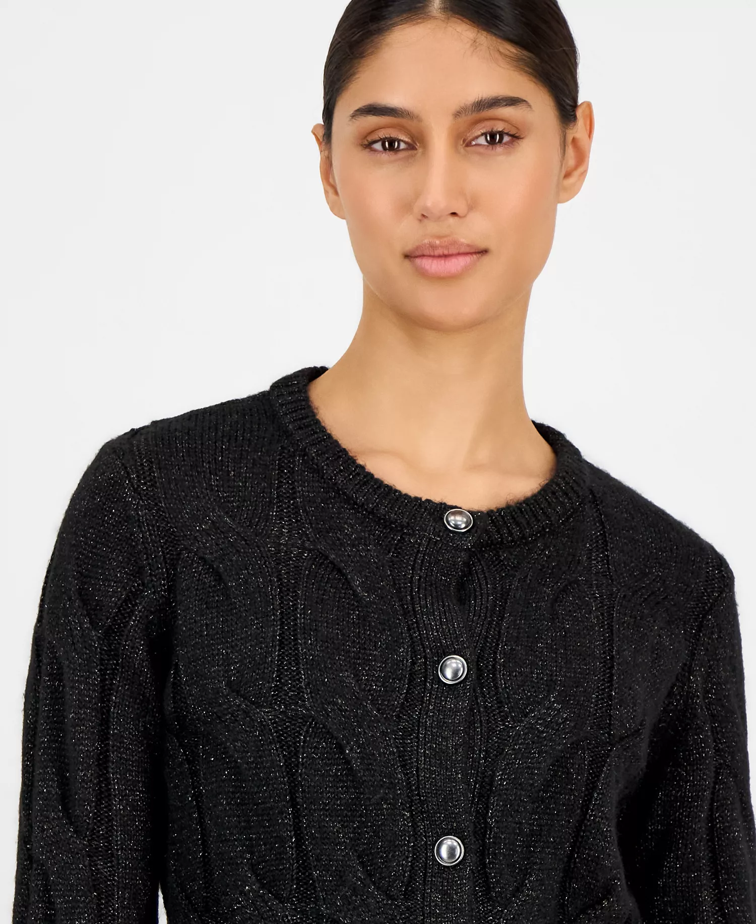 Women's Metallic Cable-Knit Cardigan - Gunmetal Lurex - L