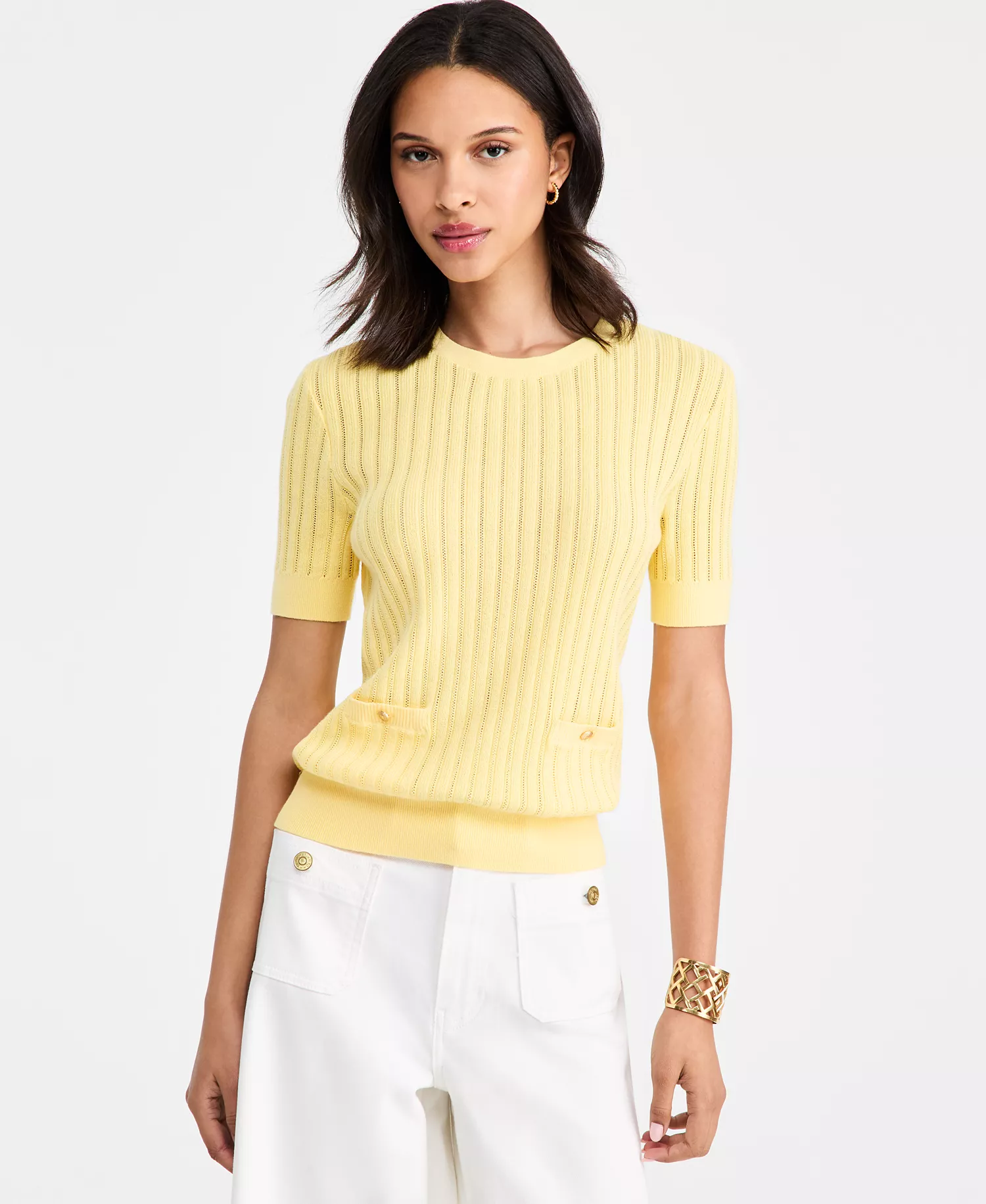 Women's Pointelle Ribbed Short-Sleeve Sweater - Citronella - L