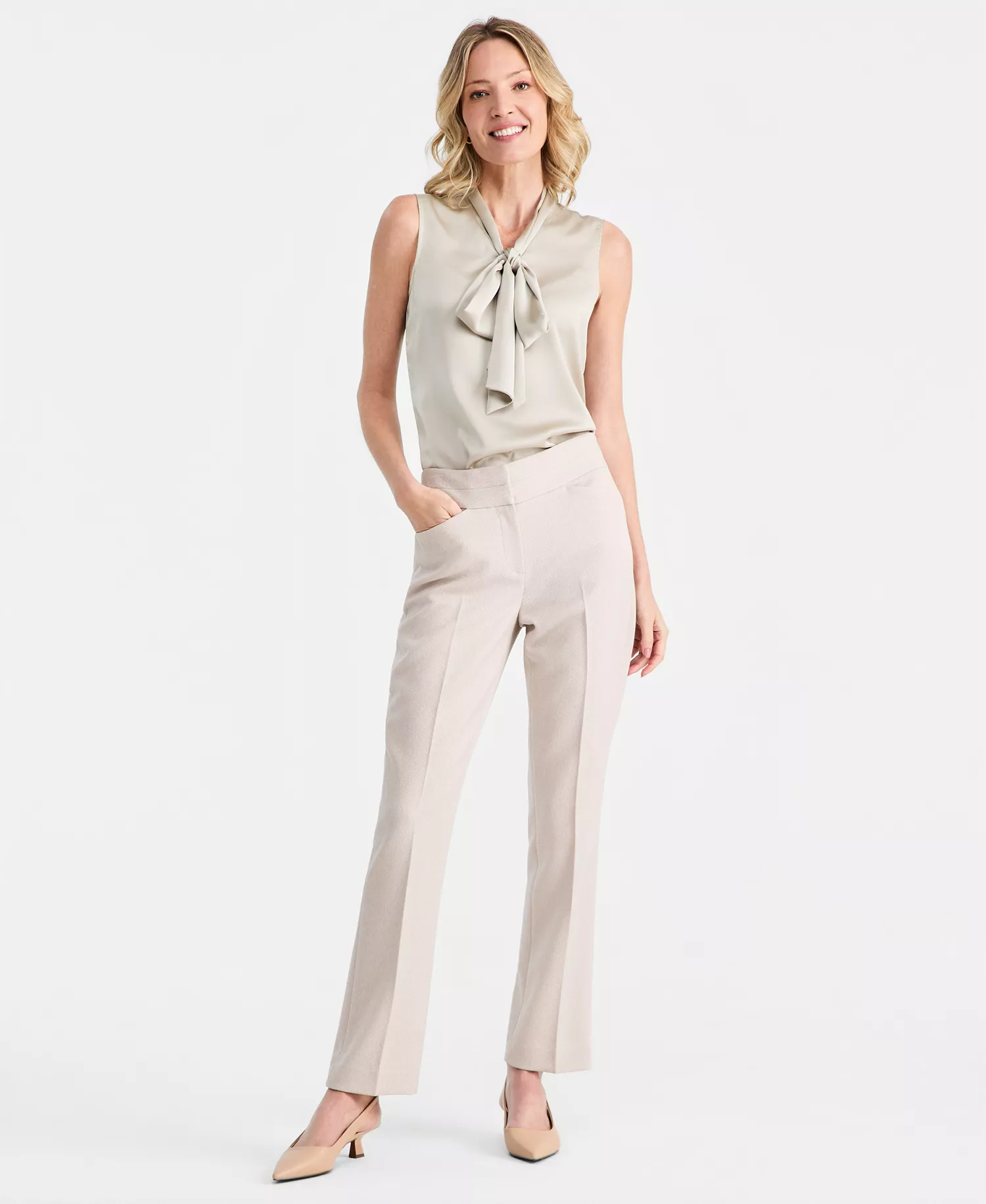 Women's Tie-Neck Hammered-Satin Top - Oatmeal - L