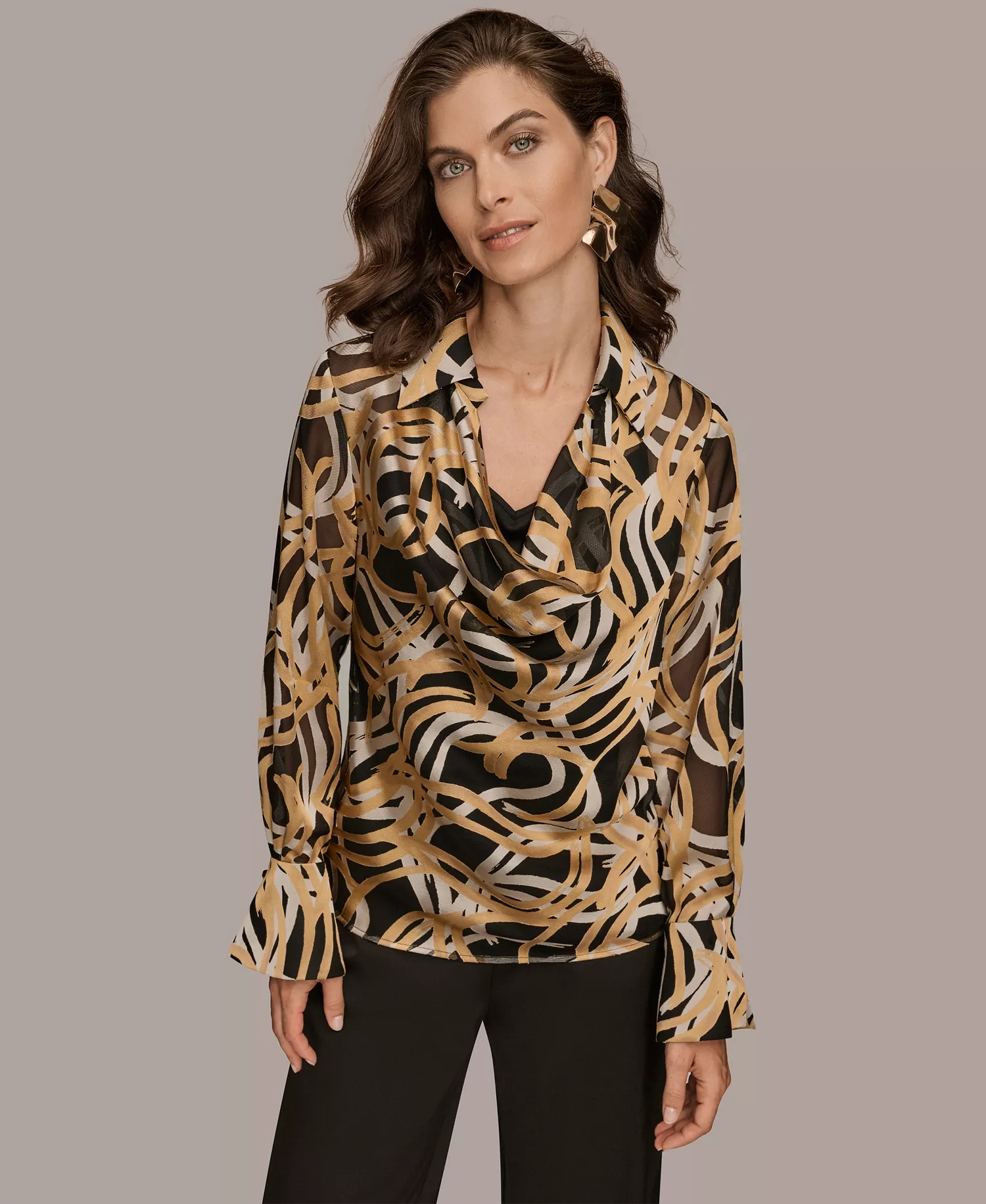 Women's Long Sleeve Burnout Cowl Neck Top, Regular & Petite - Black/gold - L