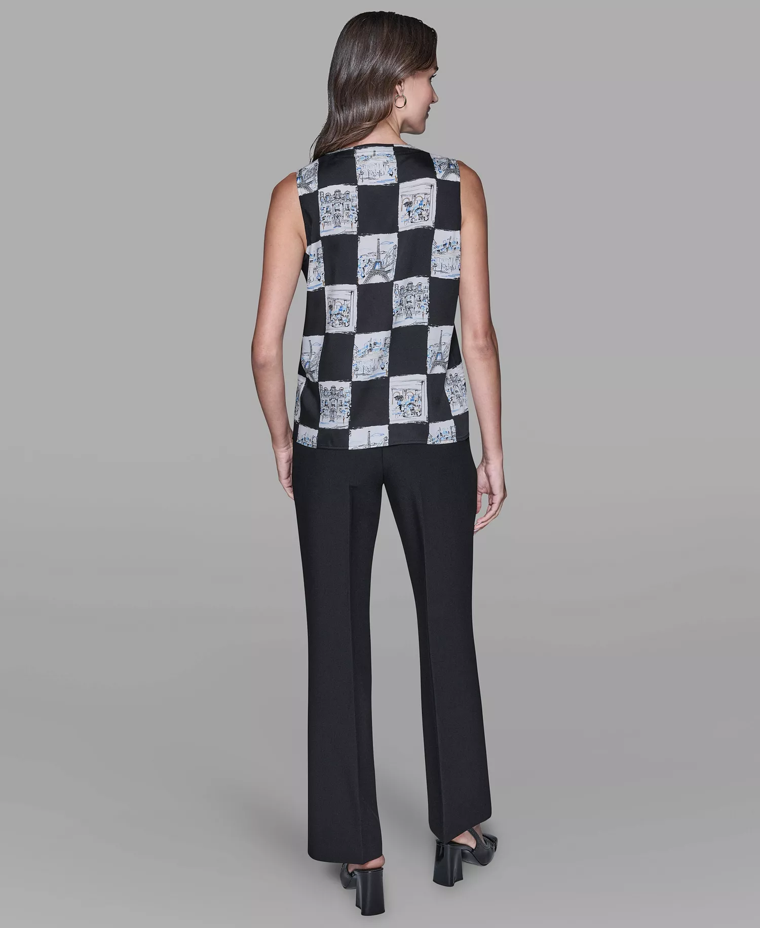 Women's Sleeveless Printed V-Neck Top - Black Combo - L