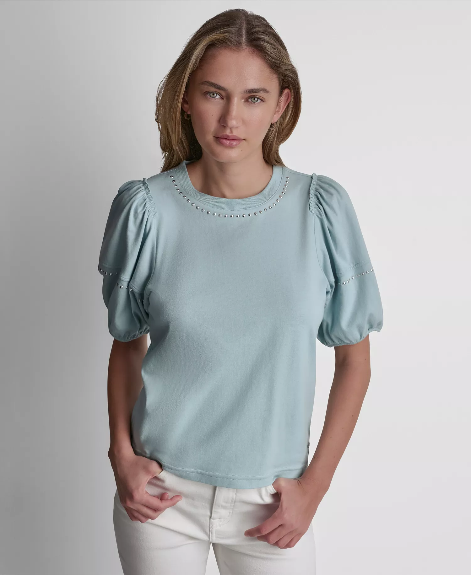 Petite Dome Studs Mini Ruffle Puff-Sleeve Crewneck T-Shirt - Mineral - PL