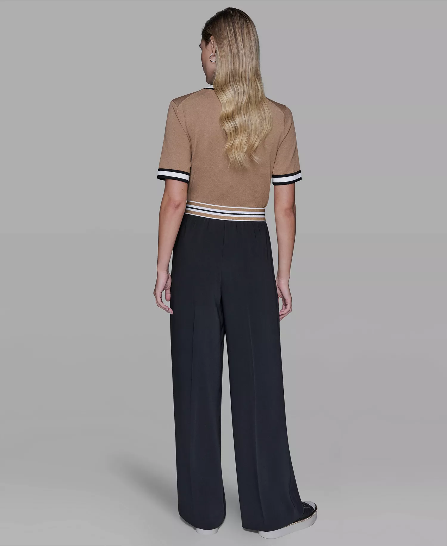 Women's Striped Wide Leg Pull-On Pants - Black - L