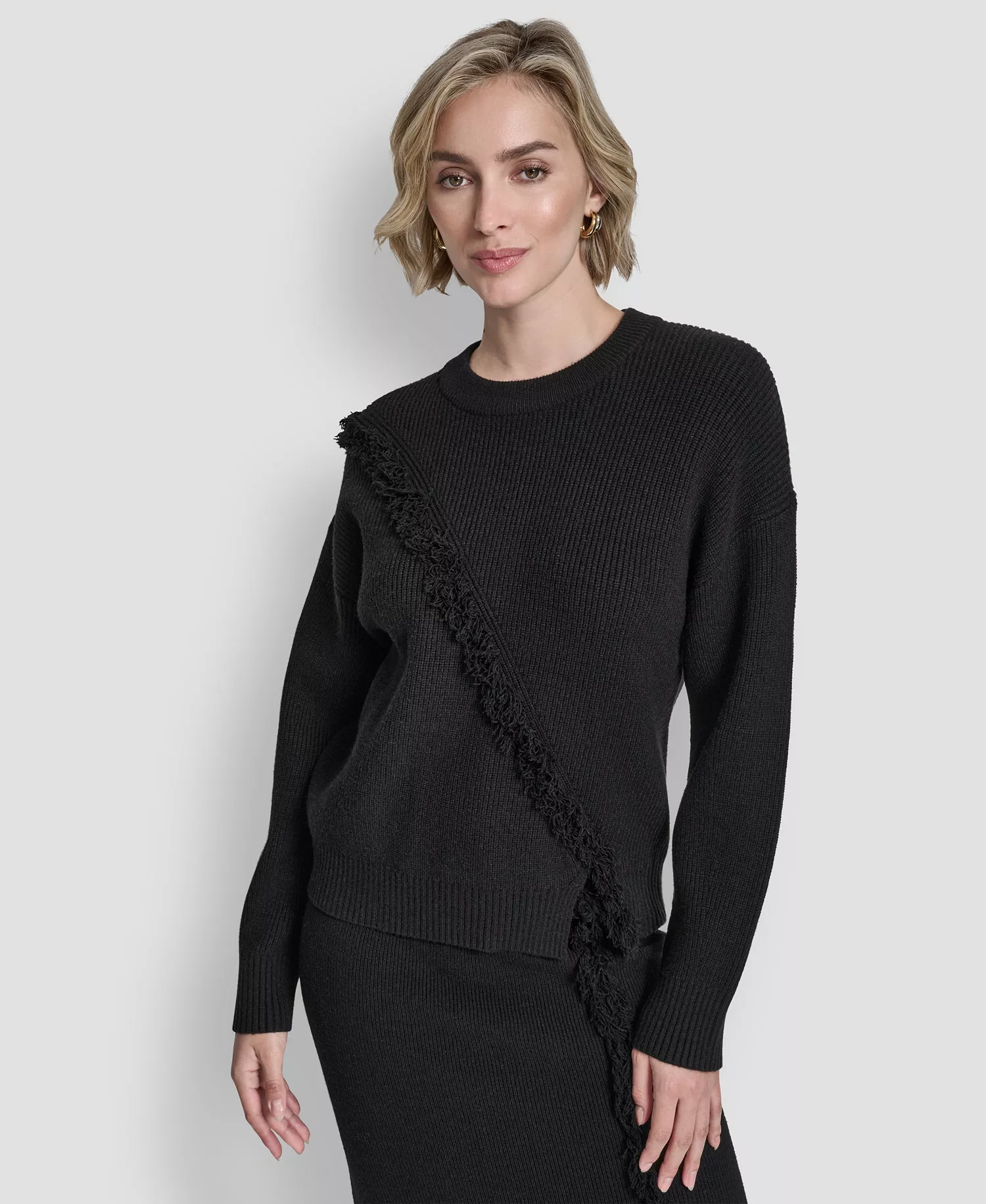 Women's Long-Sleeve Fringe Sweater - Black - L