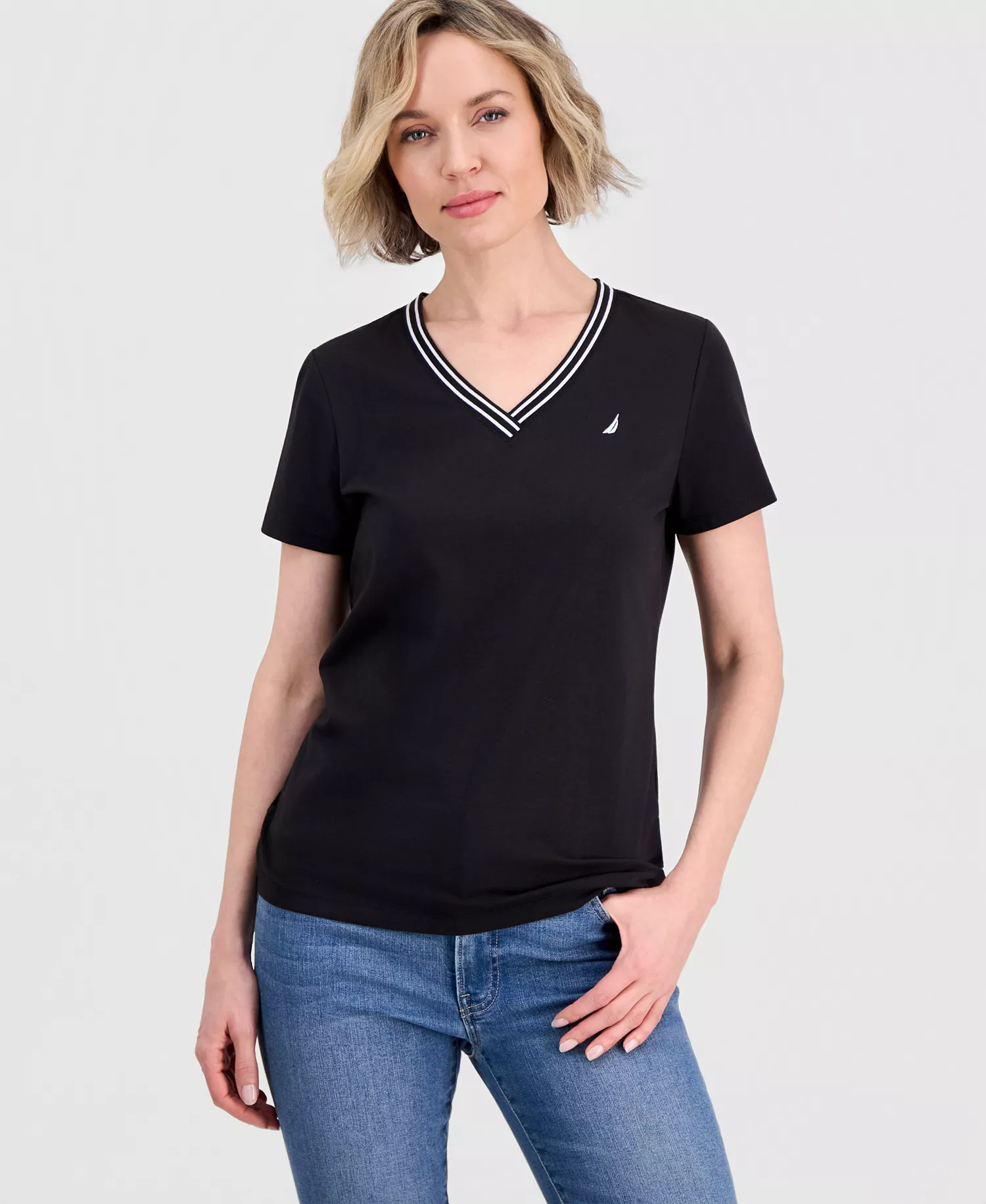 Women's Solid Stripe-Trim V-Neck - Black - L