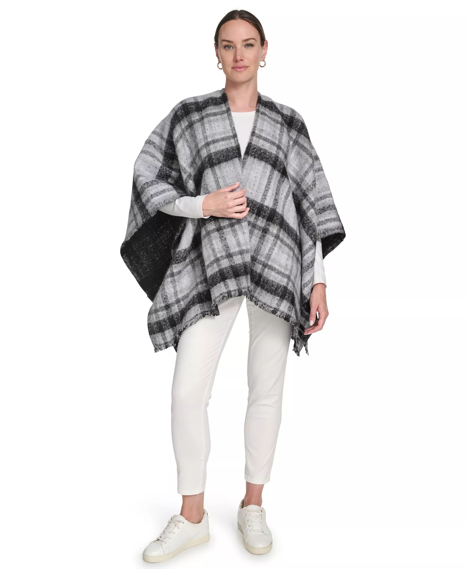 Double Face Plaid Shawl - Black - OS