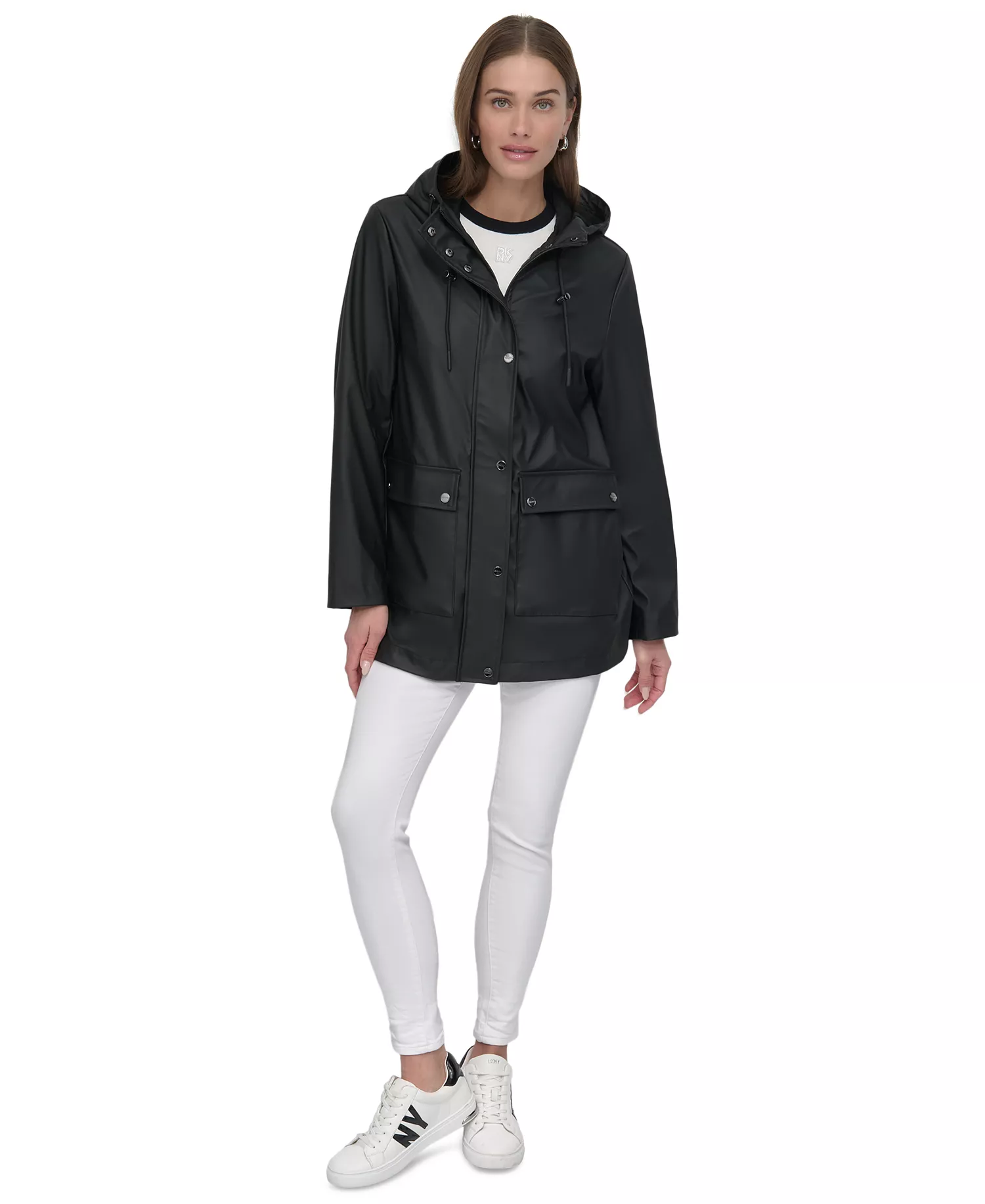 Women's Hooded Zip-Front Water-Resistant Raincoat - Black - S