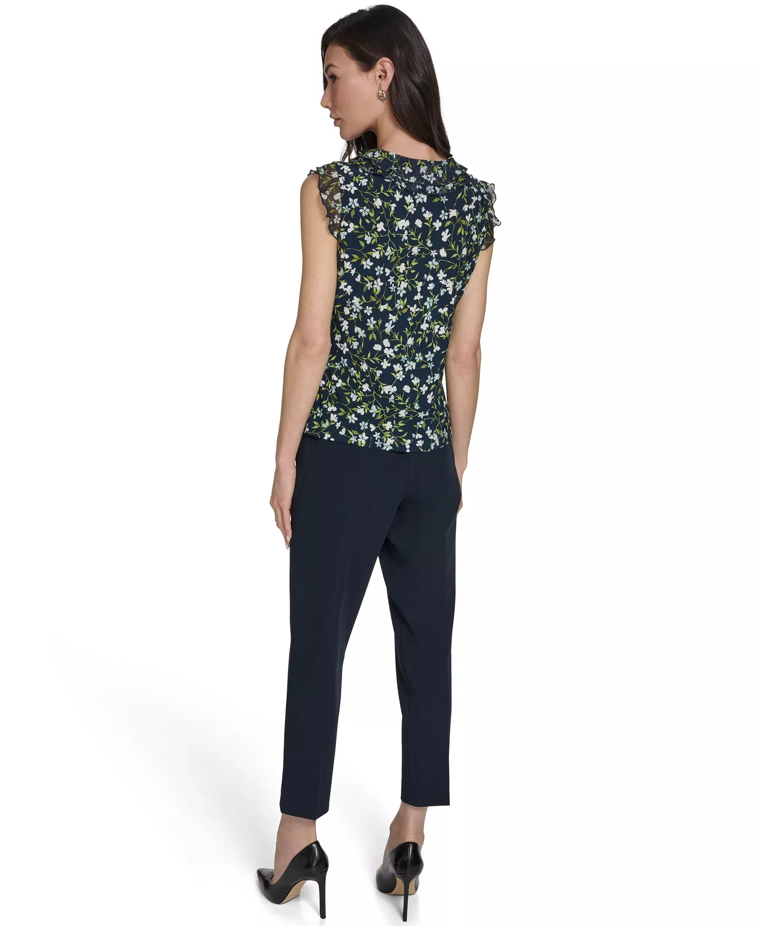 Women's Floral Vine Mixed Media Ruffle Top - Midnight/Harbor Gray - L