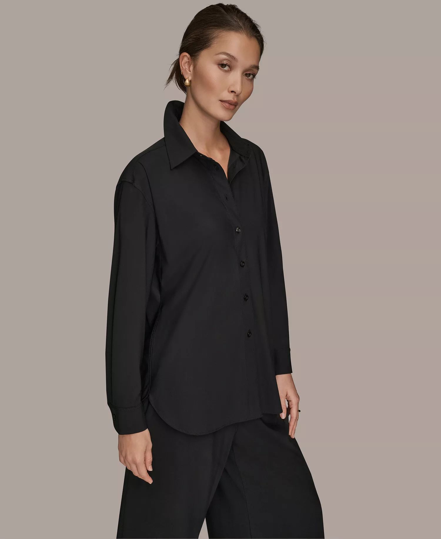 Women's Tricot Knit Long Sleeve Button-Down Shirt - Black - L