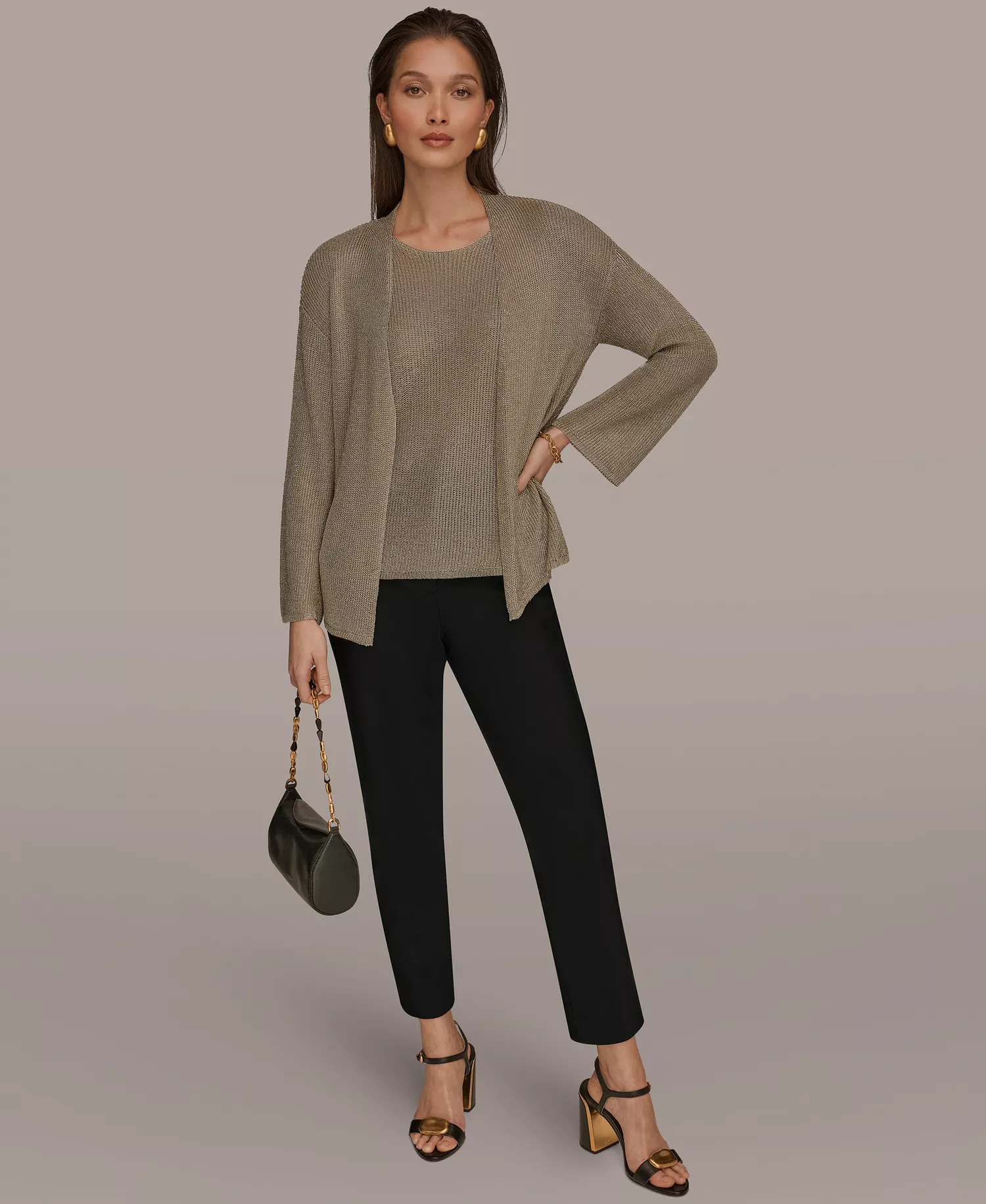 Women's Metallic V-Neck Long-Sleeve Cardigan - Tan/Beige - L