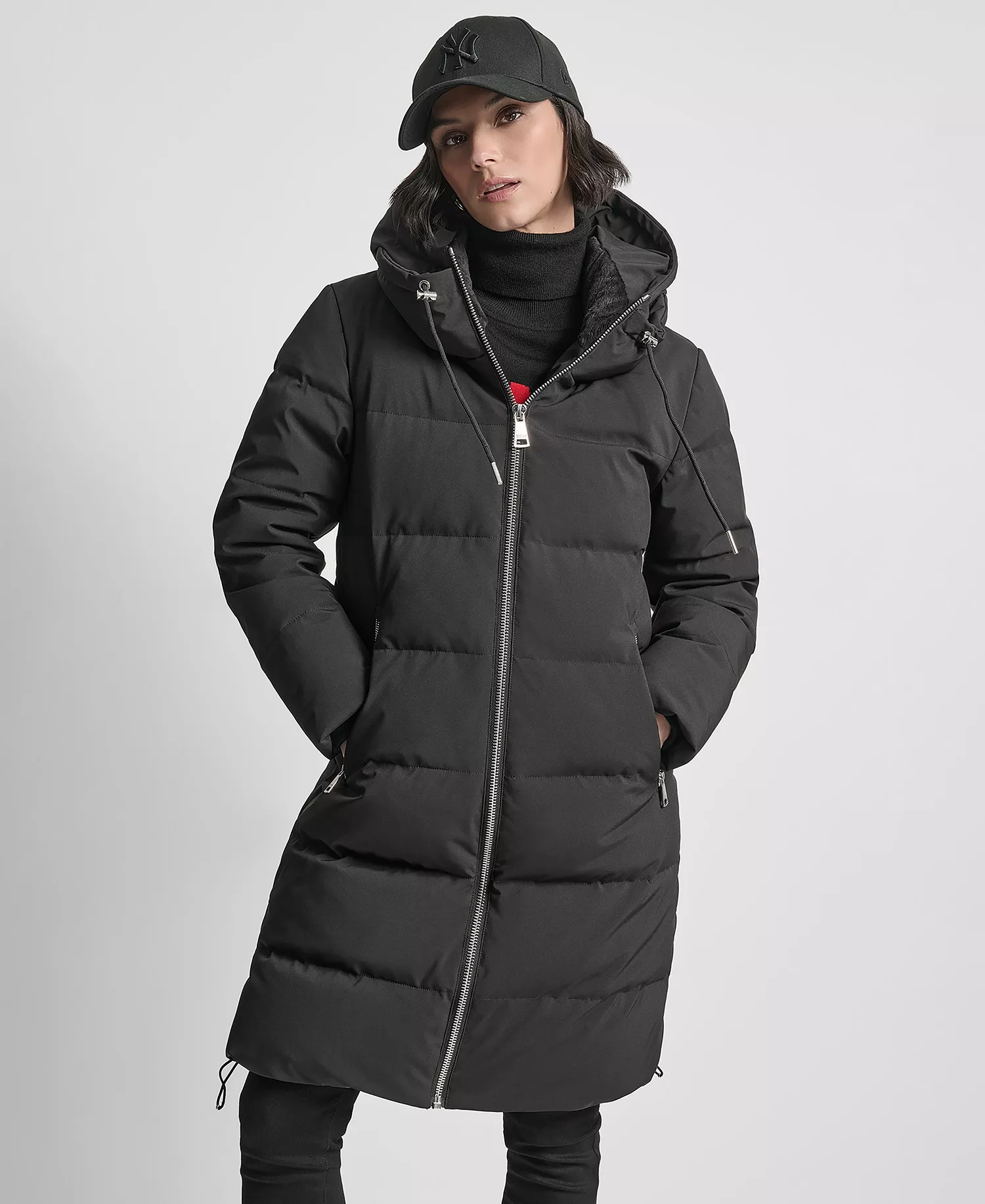 Women's Stand Collar Zipper Puffer Coat - Black - L