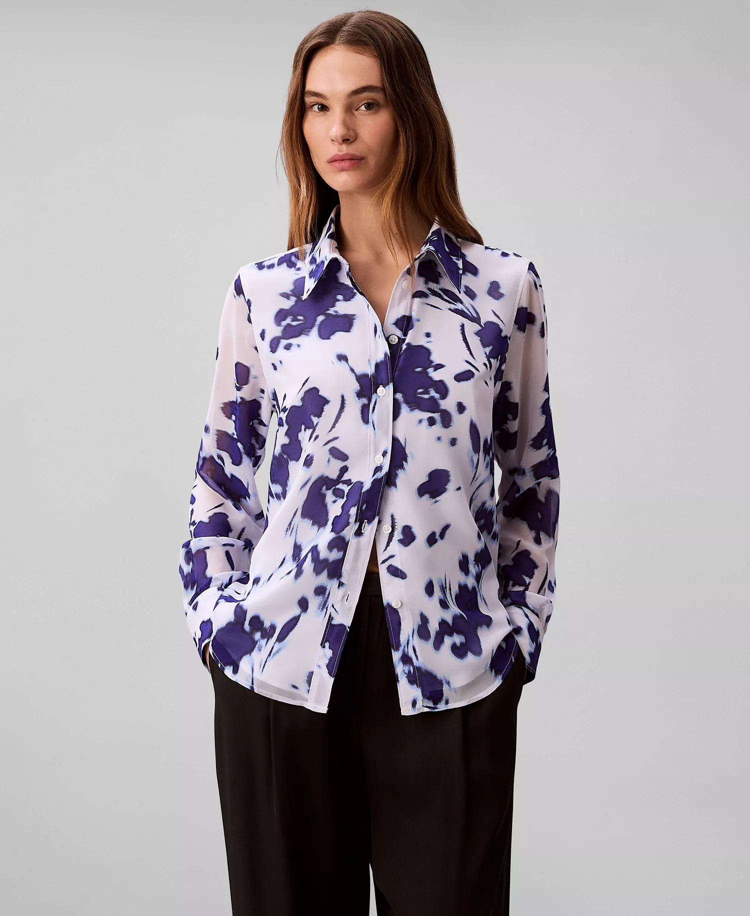 Women's Printed Relaxed Button-Down Shirt - Brilliant White Swept Floral Print - L