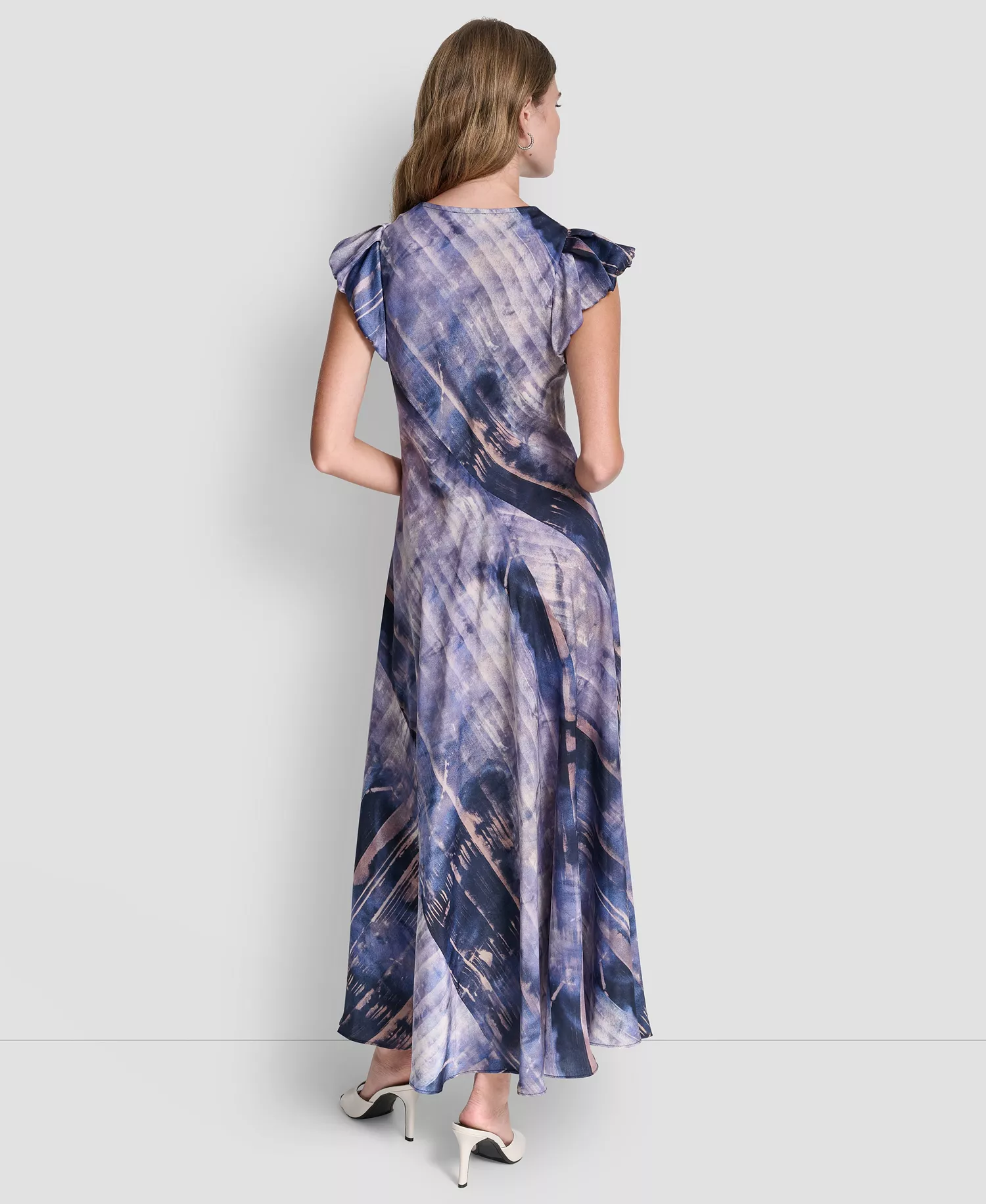 Women's Puff-Sleeve Printed Satin Bias Cut Dress - Hudson Lights - L