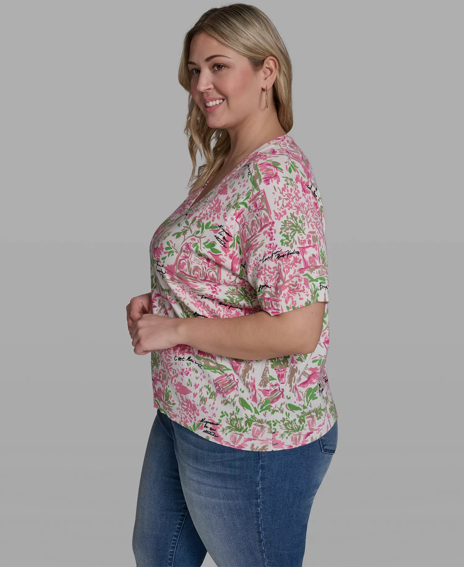Plus Size Floral Printed V-Neck Top - Soft Whtie/Pink Multi - 0X