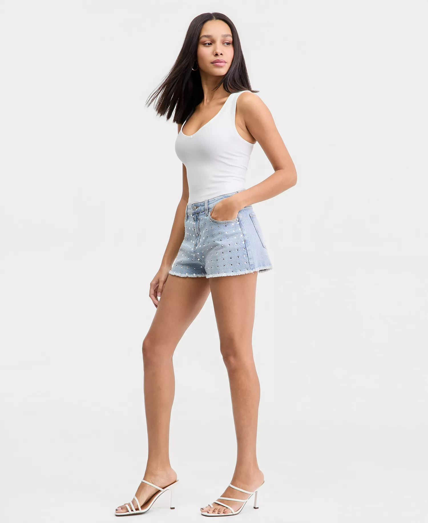 Women's Rhinestone Embellished High-Rise Denim Shorts, Macy's Exclusive - Light Wash - 0