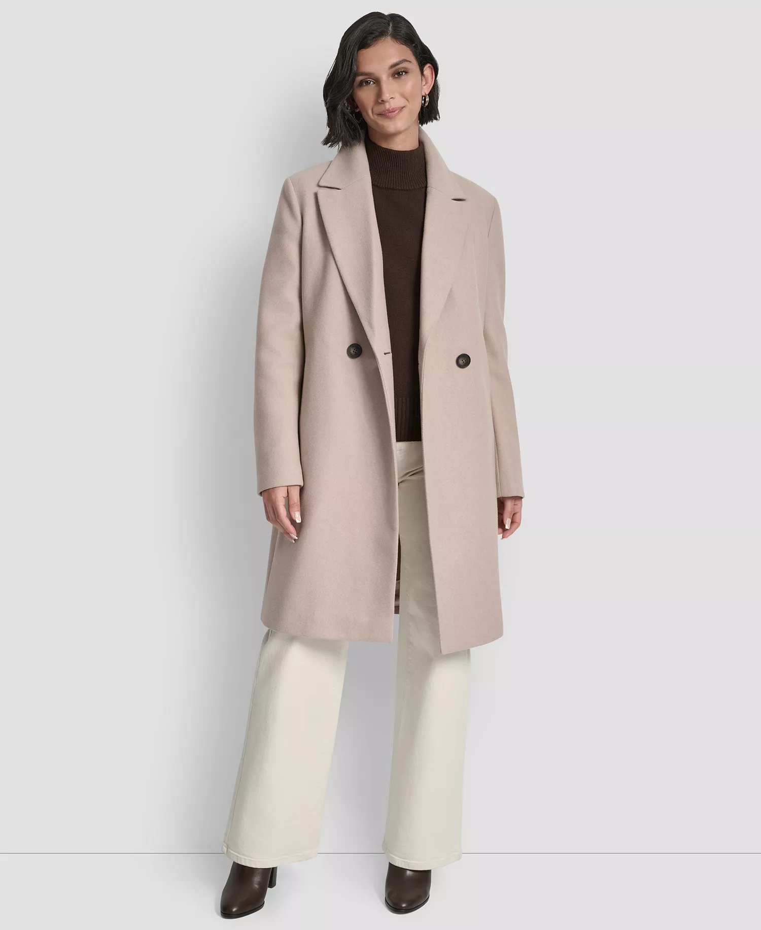 Women's Double-Breasted Notch Collar Coat - Beige Melange - L