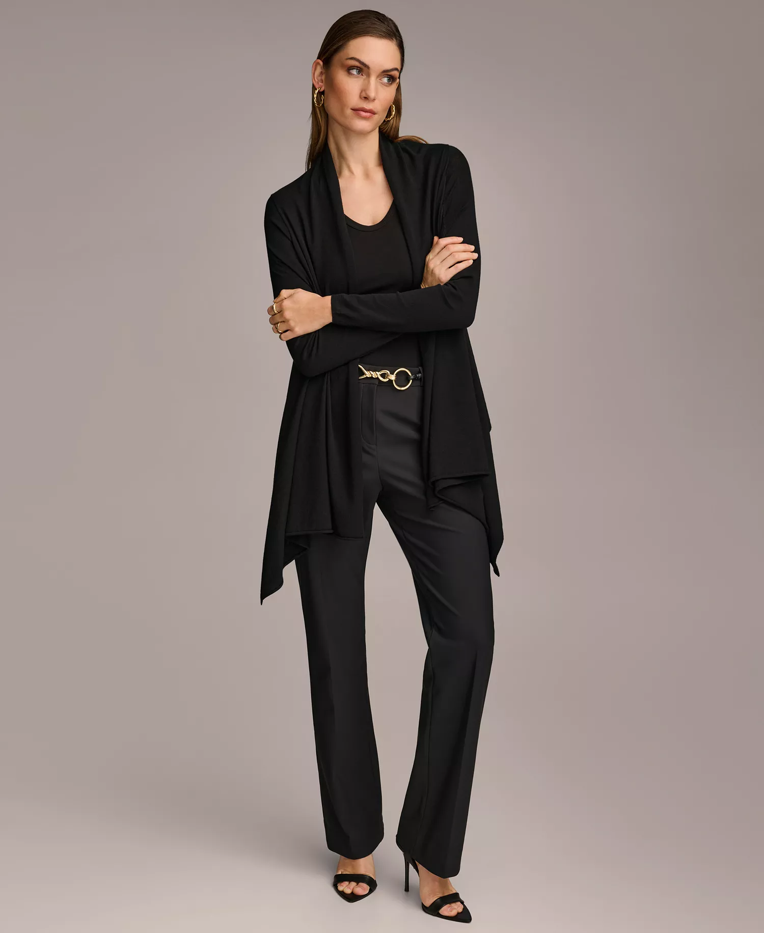 Women's Long-Sleeve Drape-Front Cardigan - Black - L