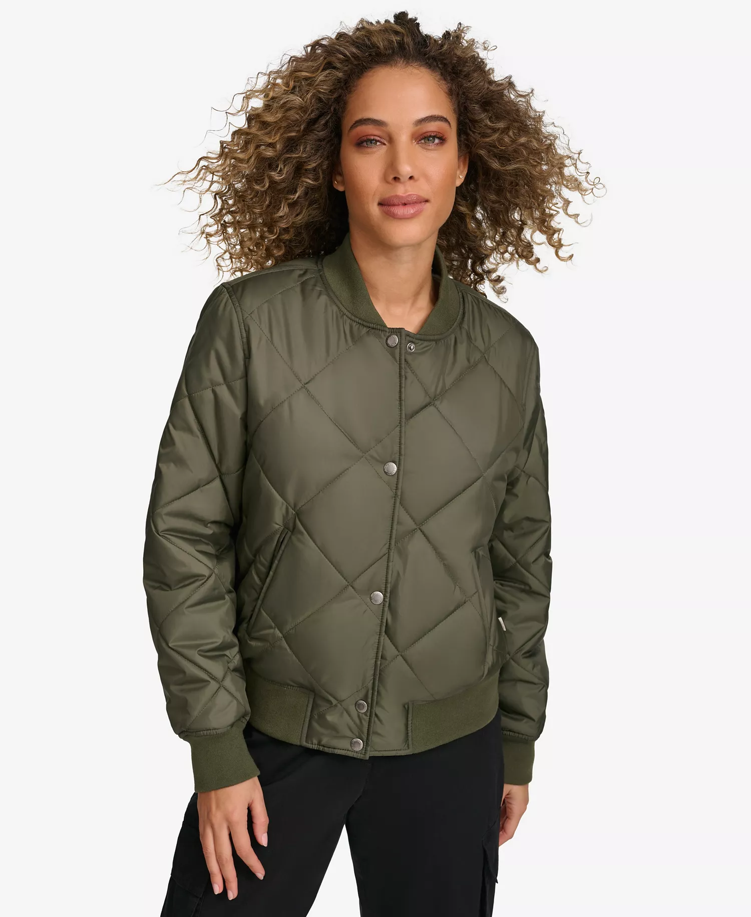 Women's Regular Diamond Quilted Sherpa Lined Bomber Jacket - Army Green - L
