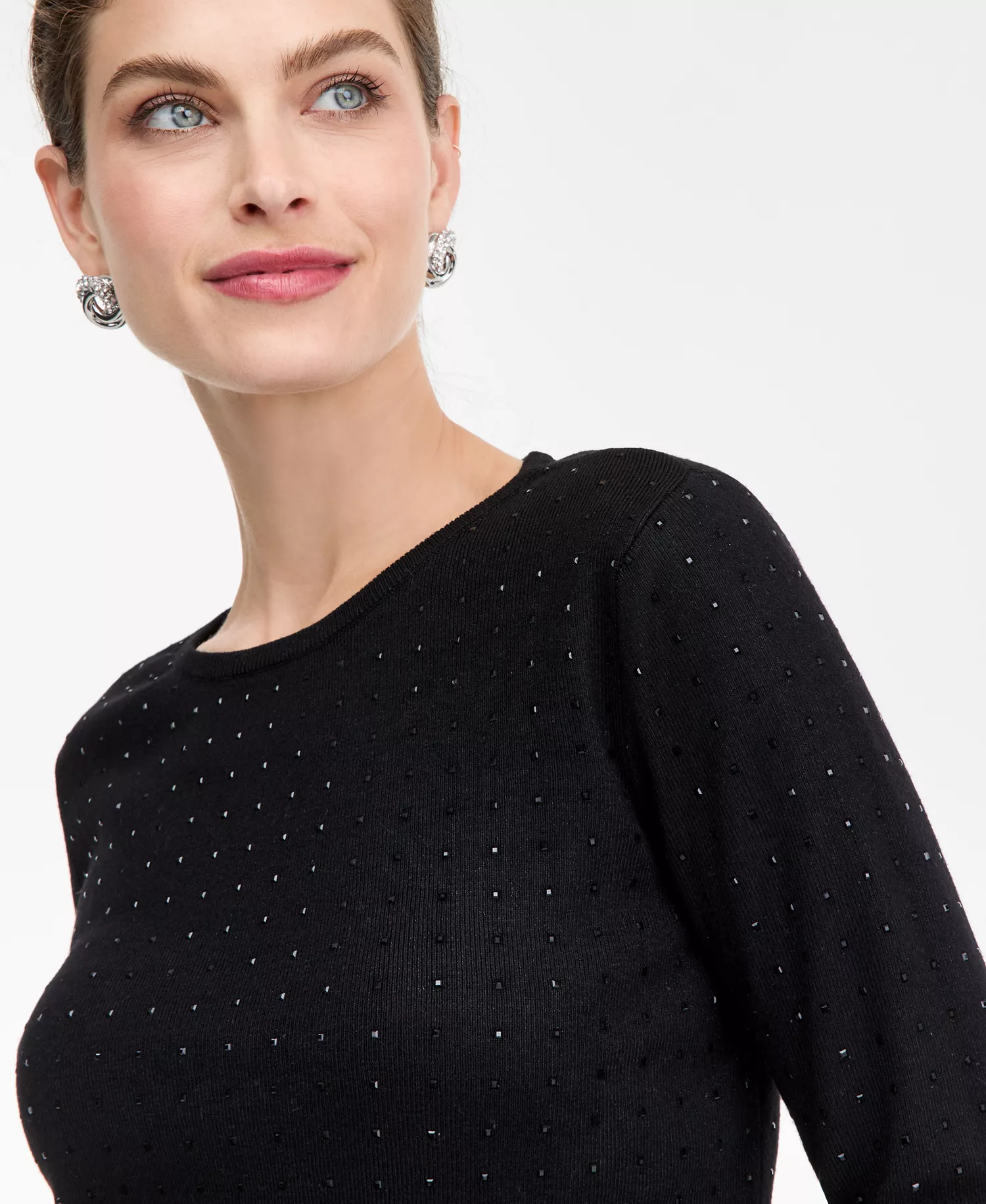 Women's Rhinestone Scoop-Neck Sweater, Macy's Exclusive - Deep Black - L