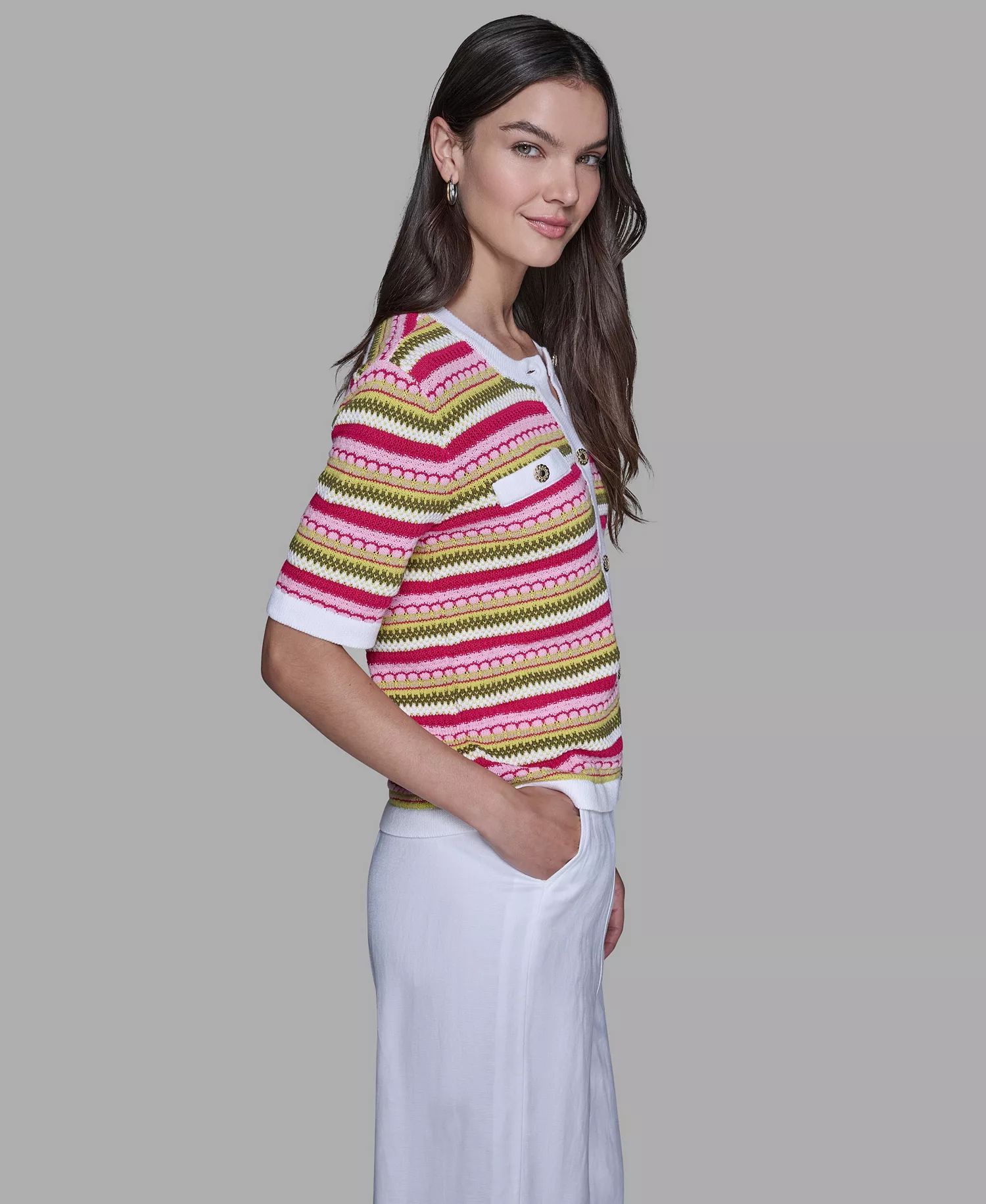 Women's Stripe Knitted Crewneck Top - Lime Multi - XL
