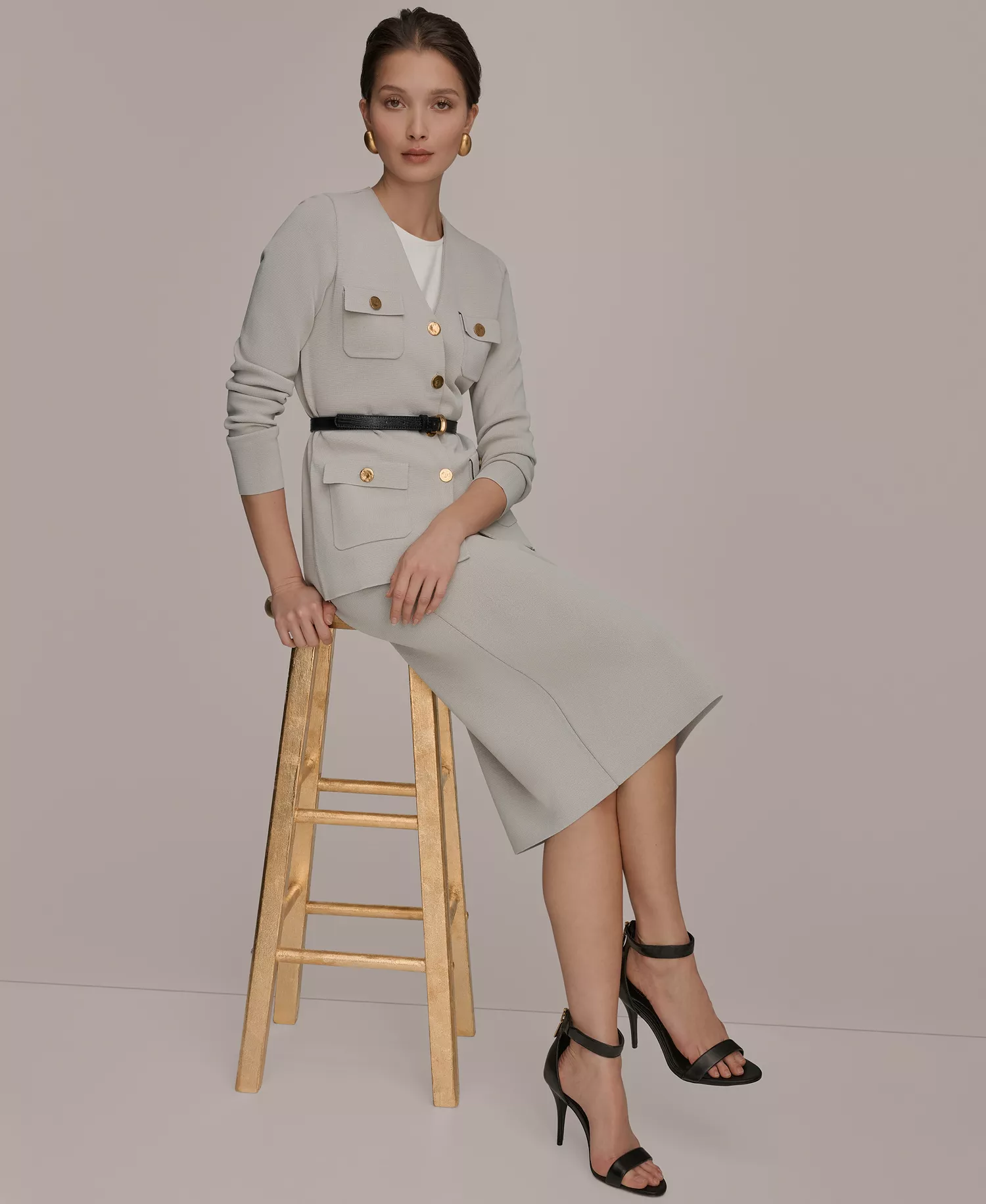 Women's 5-Button Belted Jacket, Regular & Petite - Tuscan Gray - L