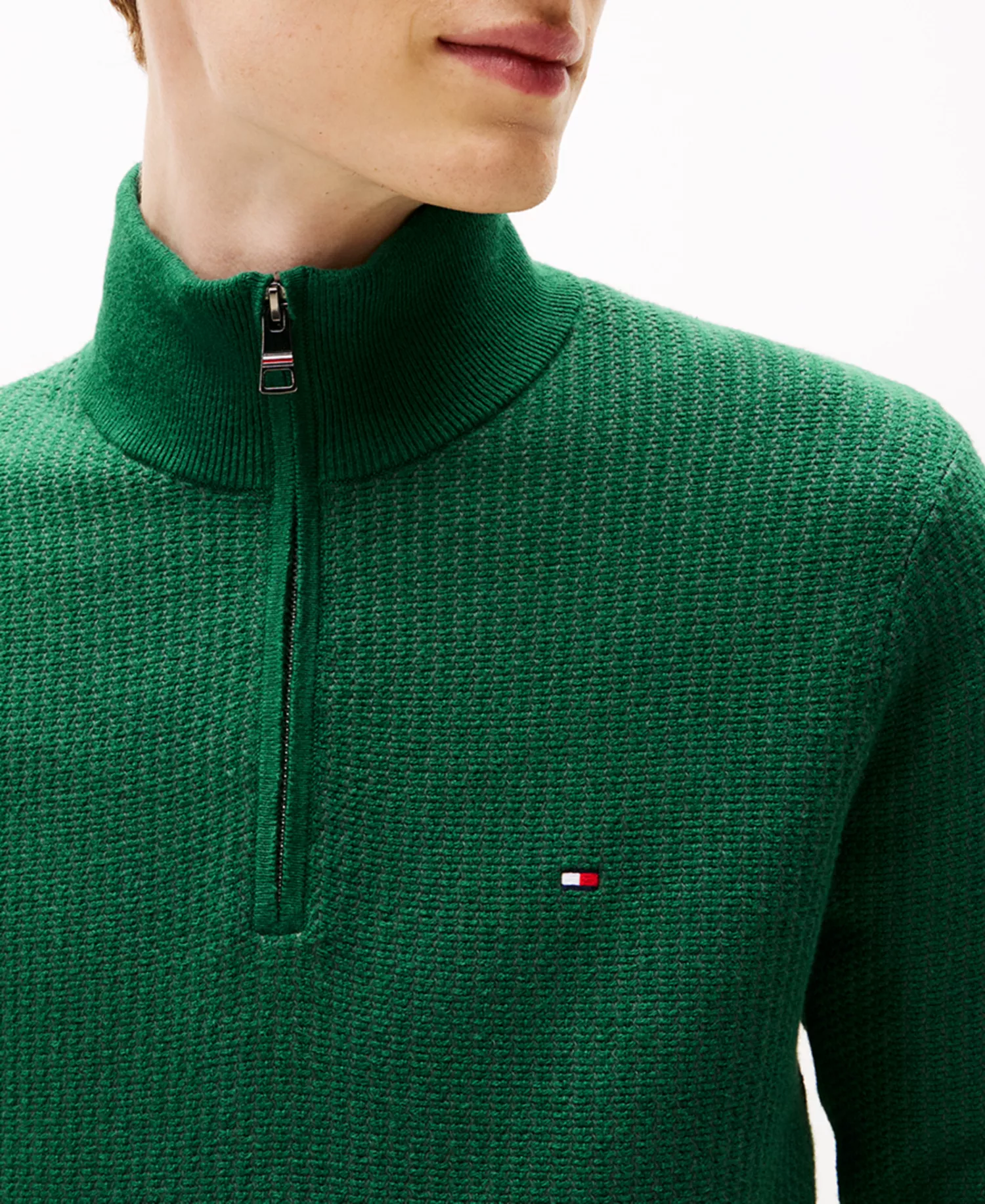 Men's Pima Cotton Cashmere Two-Tone Zip Mock Neck Sweater - Ornamental Green - L