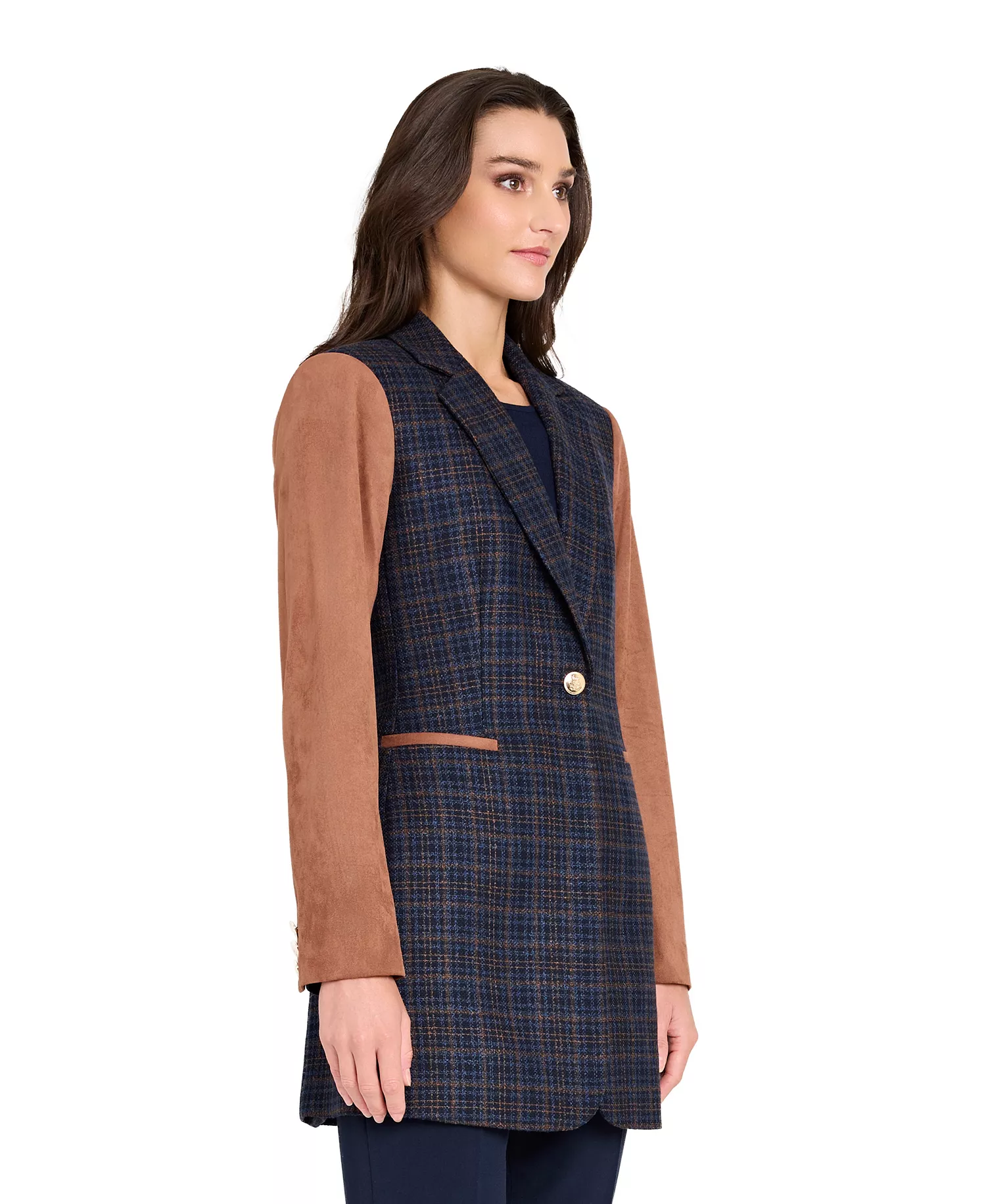 Women's Mixed Media Plaid One-Button Jacket - Navy/tawny - 16