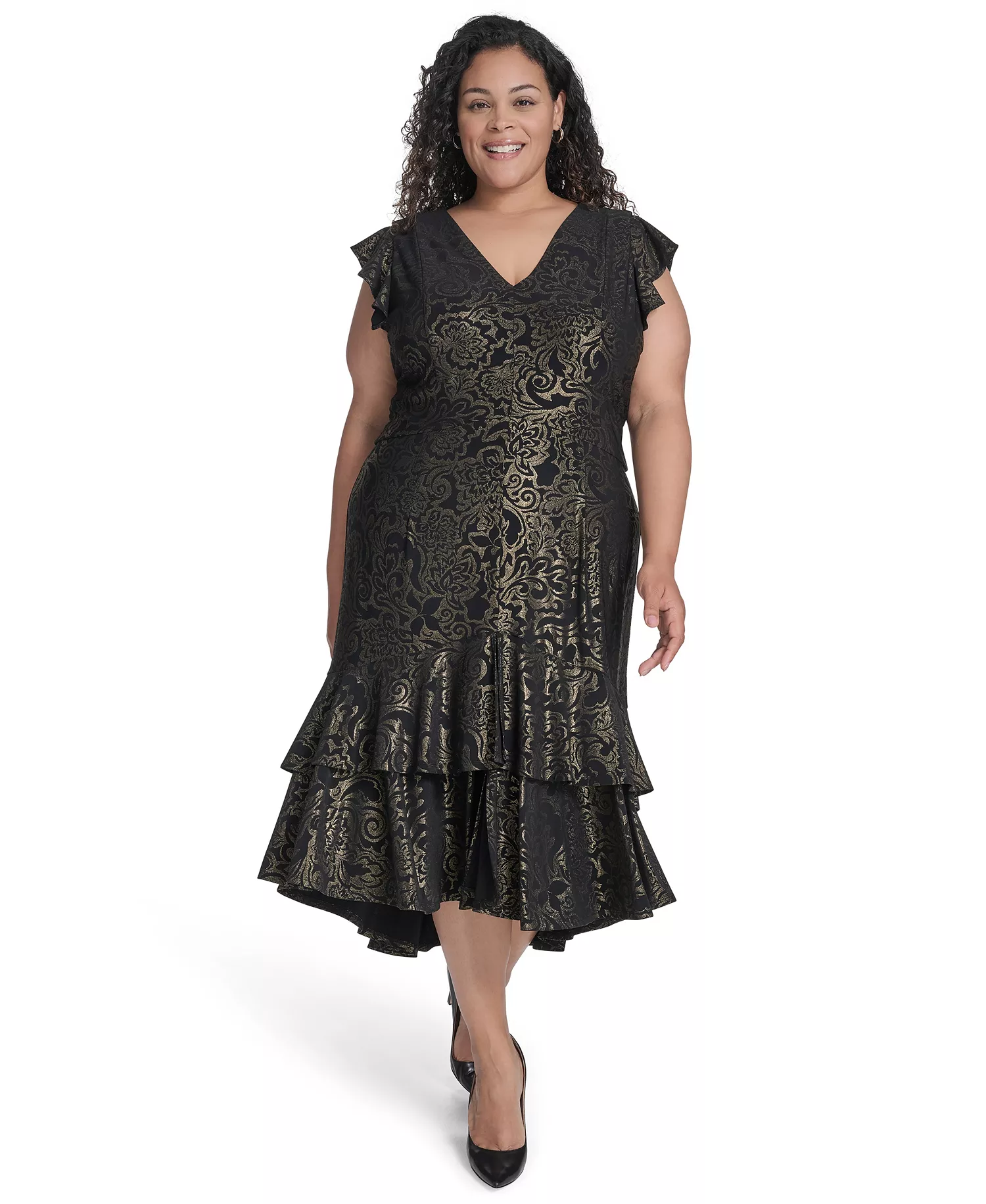 Plus Size Flutter Foil Midi Dress - Black/Gold - 14W