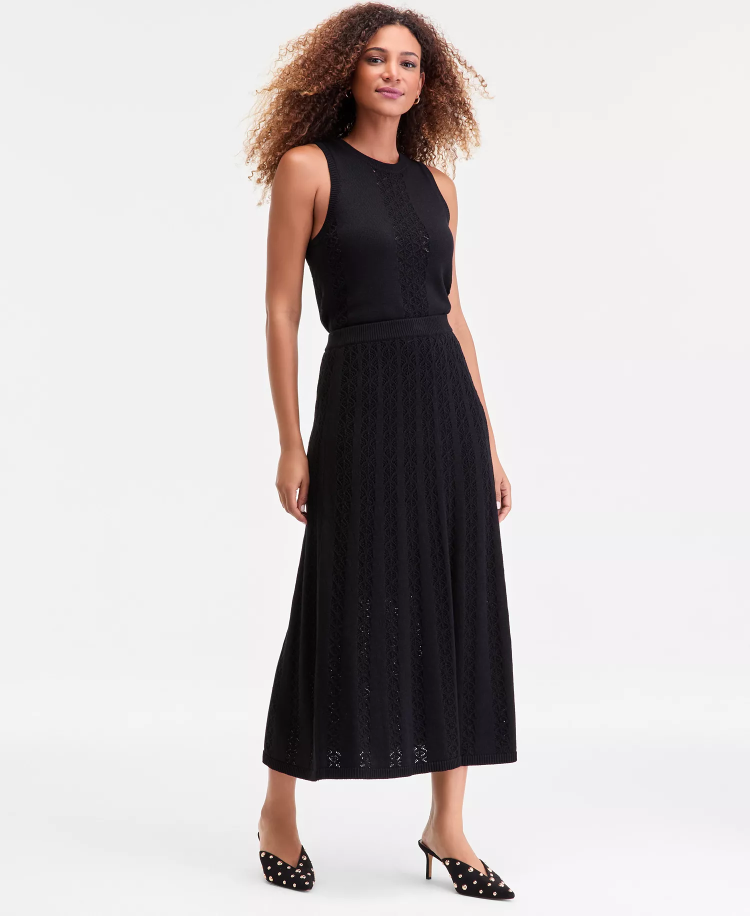 Women's Pointelle Sweater Midi Skirt, Macy's Exclusive - Deep Black - L