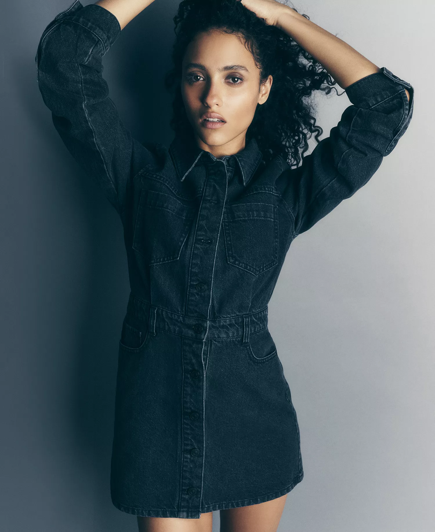 Women's Button-Down Long-Sleeve Denim Dress - ELERY - XS