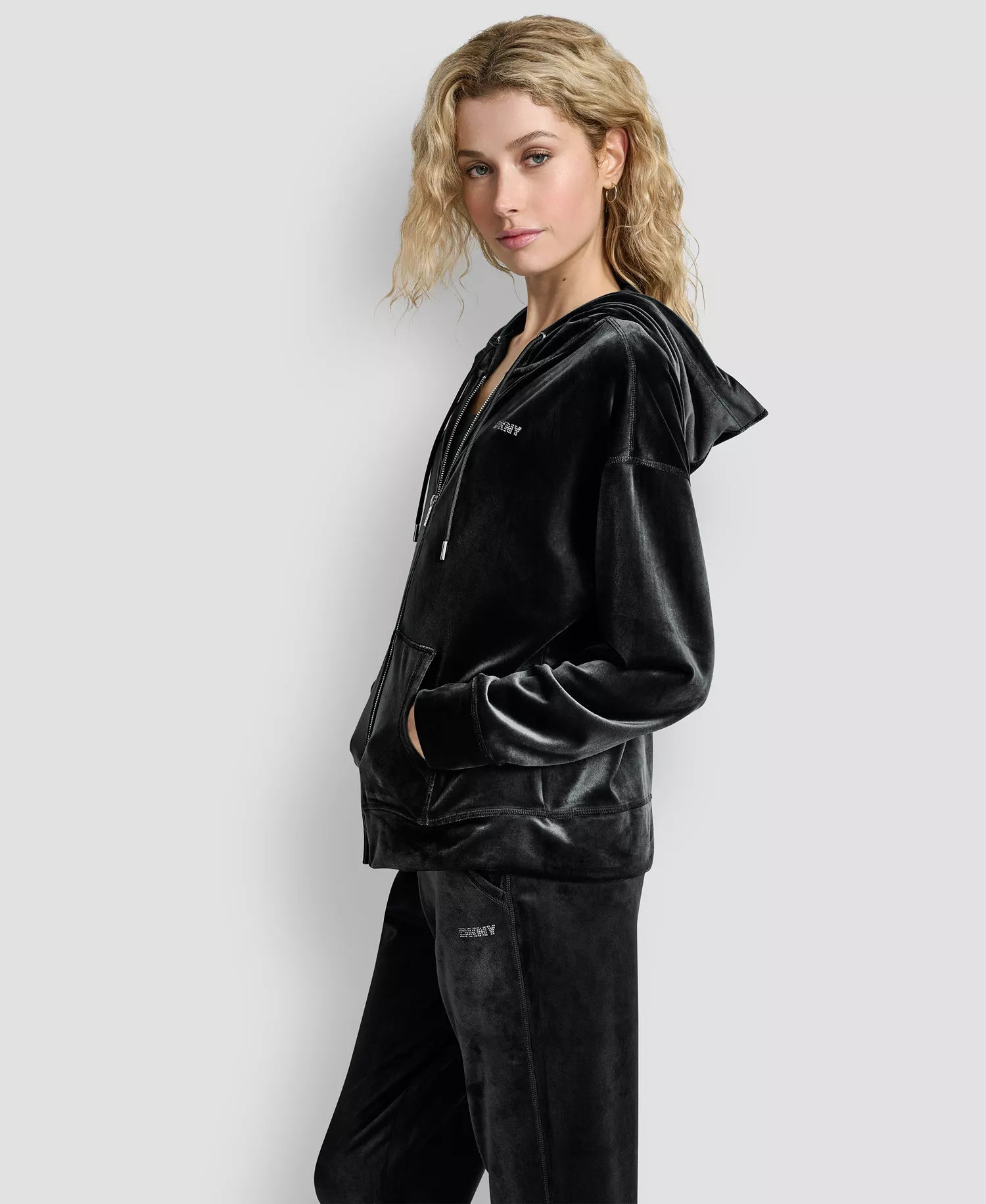 Women's Platinum Velour Rhinestone Logo Full-Zip Hoodie - Black - M