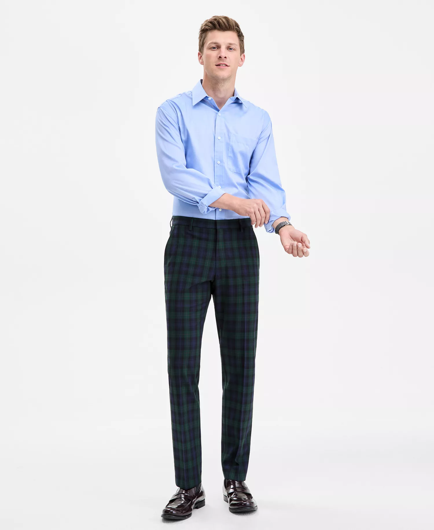 Men's Tartan Modern-Fit Dress Pants - Blue/green Plaid - 30 - 30