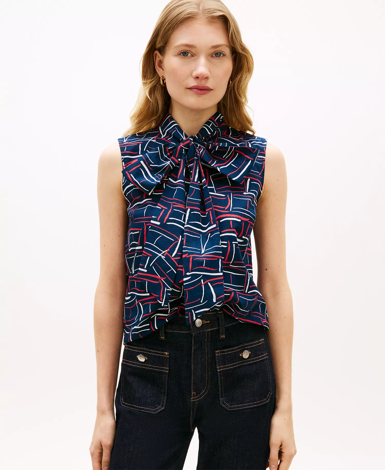 Women's Printed Bow Front Sleeveless Shirt - Blue - L