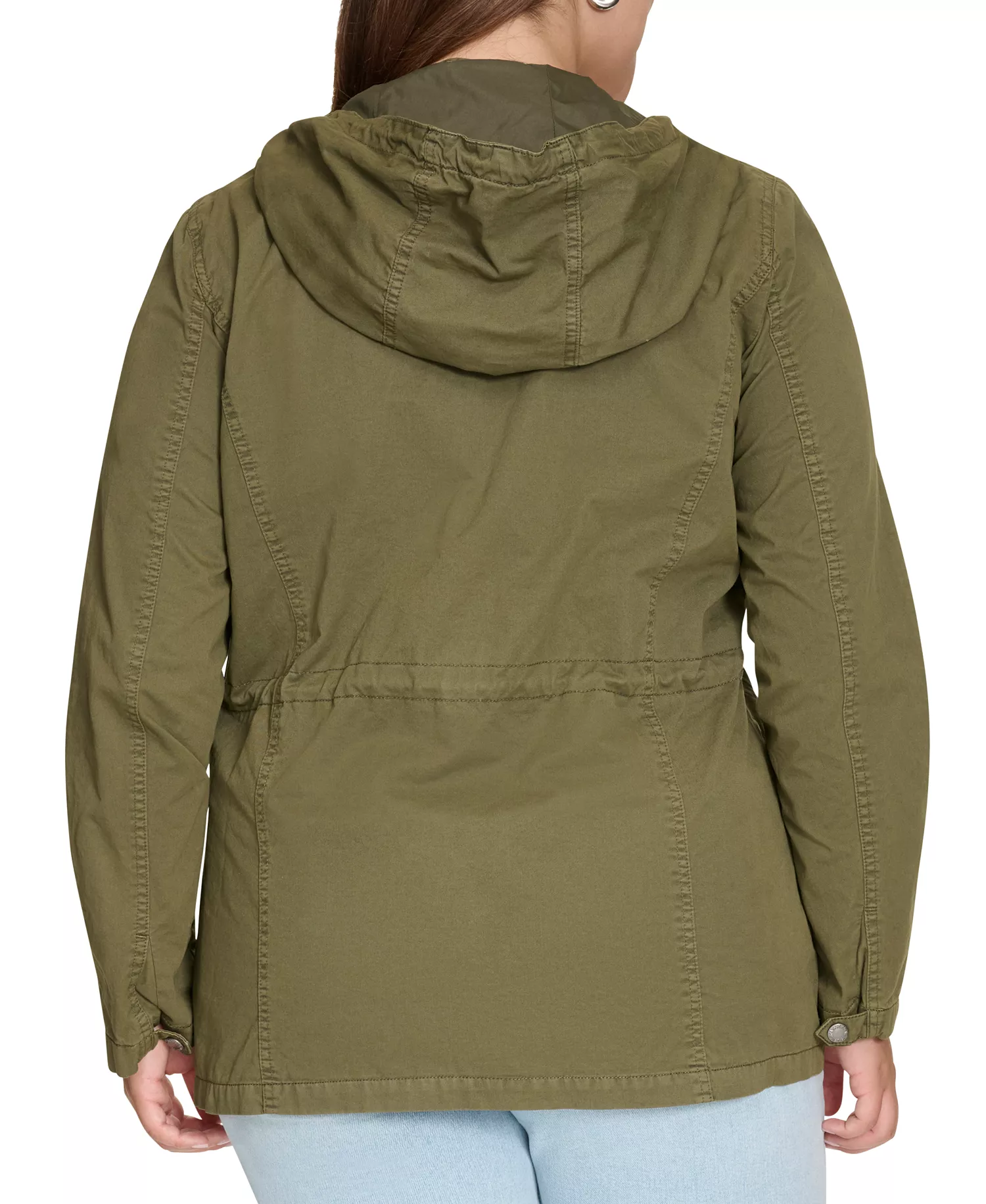 Plus Size Cotton Hooded Military Zip-Front Jacket  - Olive - 1X