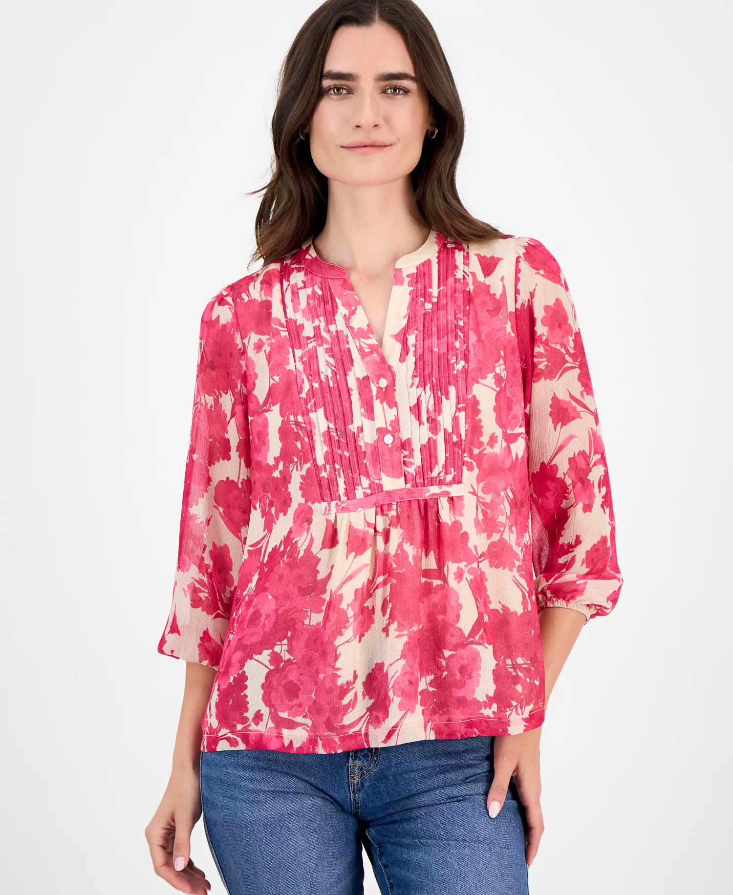 Nautica Women's Festival Floral Pintuck Blouse - Pink - L