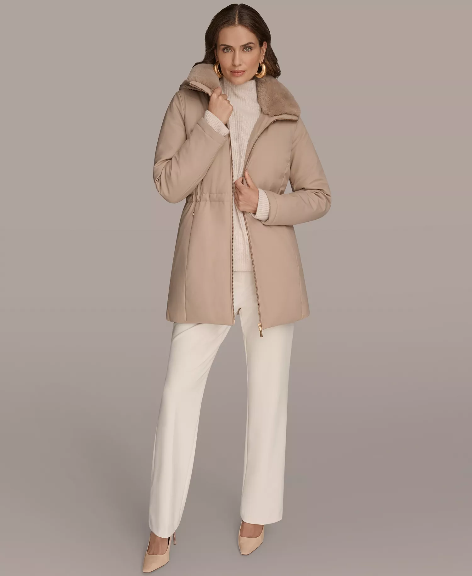 Women's Faux-Fur-Collar Short Puffer Coat - Barley - L