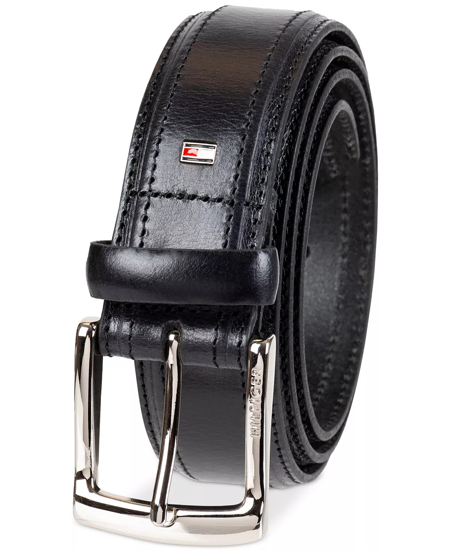 Men’s Stitched Classic Dress Leather Belt - Black - L (38-40)