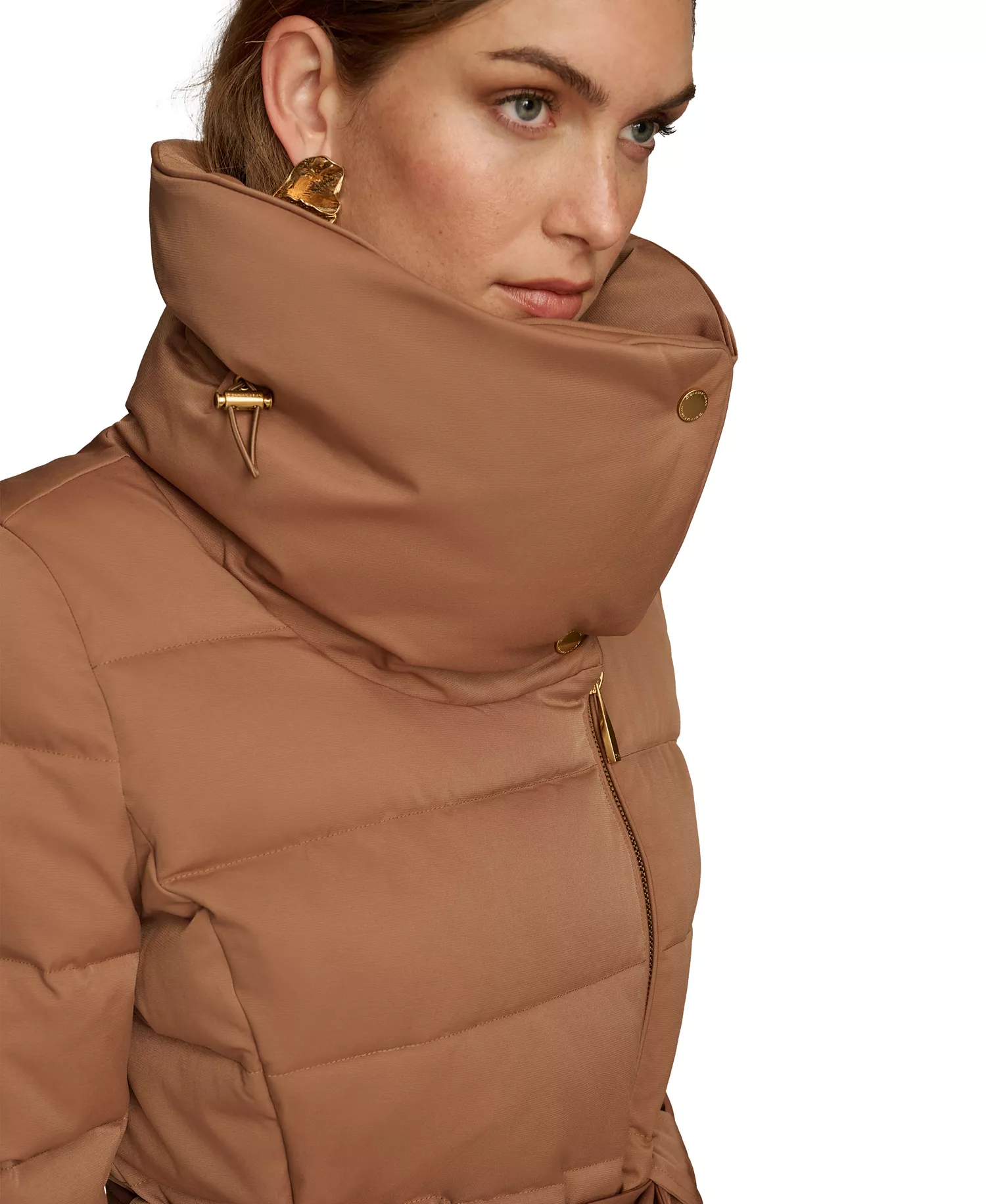 Women's Belted Asymmetric Puffer Coat - Antique Gold - L