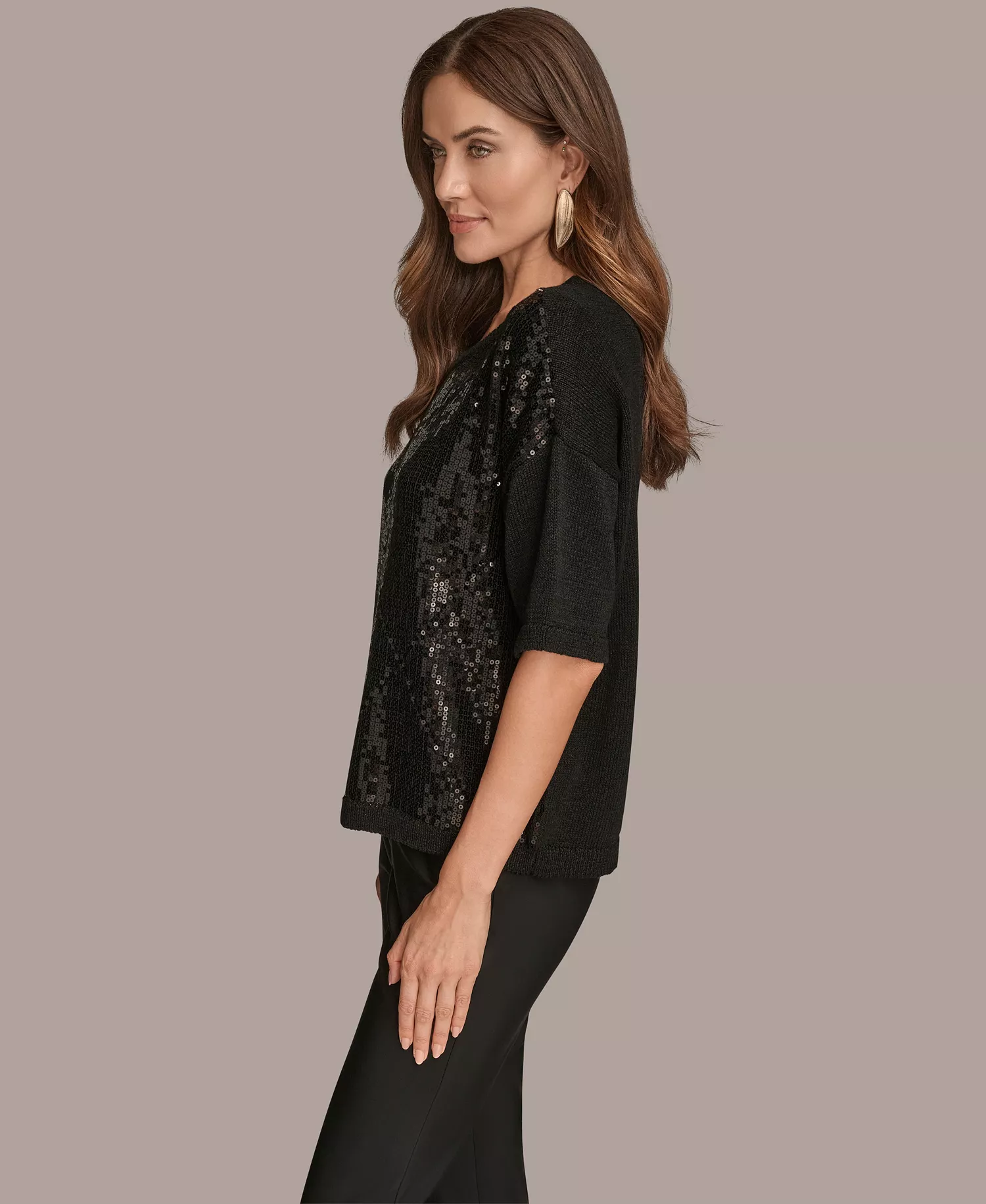 Women's Short Sleeve Sequin Sweater - Black - M