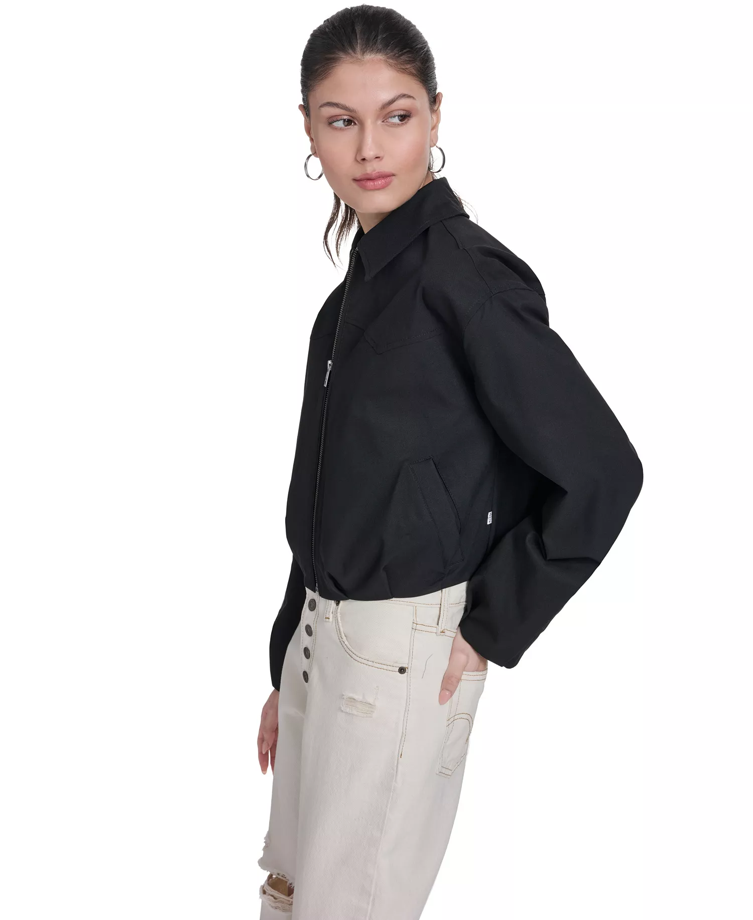 Women's Bubble Hem Collared Bomber Jacket - Black - L