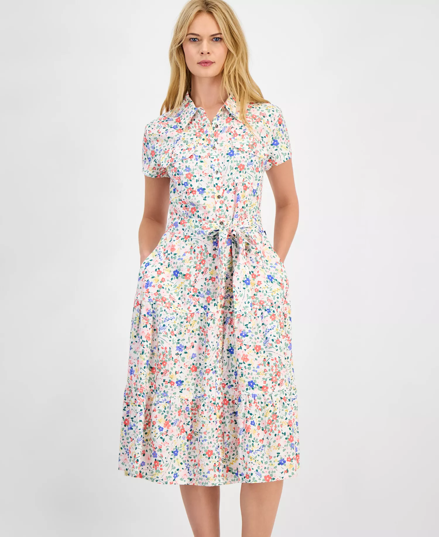 Women's Belagio Floral Belted Shirt Dress - Ivory Multi - L