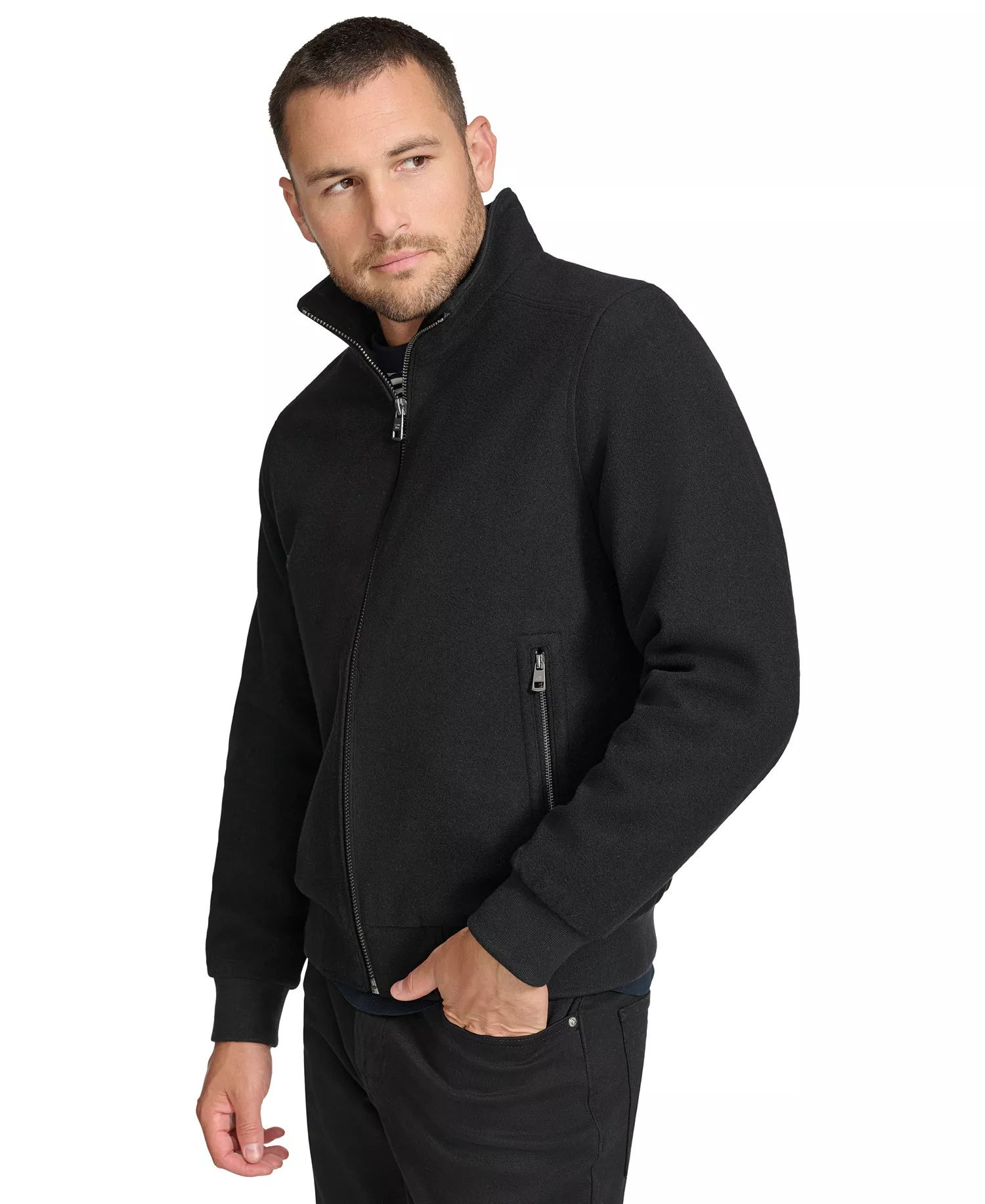 Men's Wool Bomber Jacket With Knit Trim - Black - 2XL