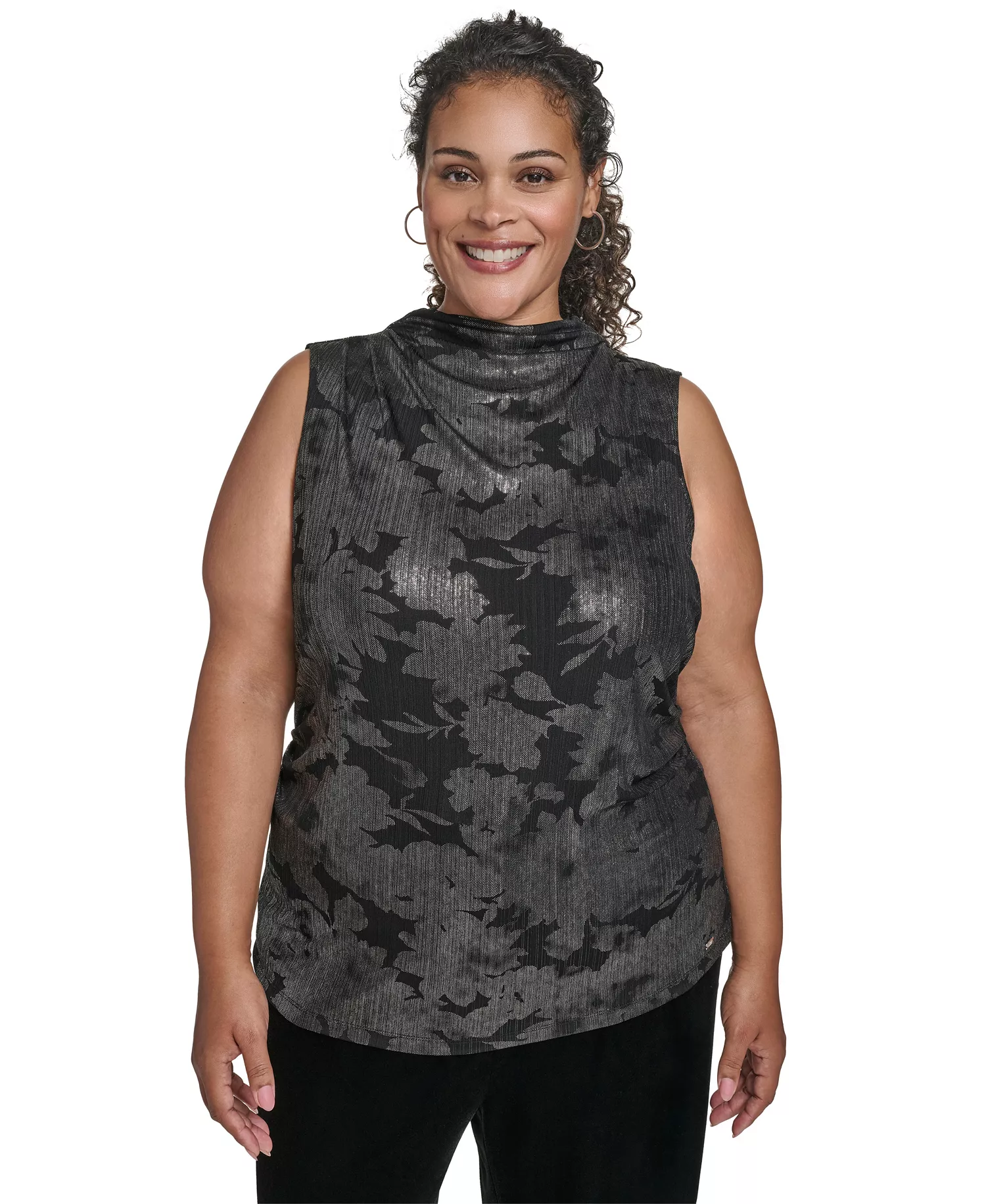 Plus Size Novelty Printed Ruched Top - Black/Silver - 1X