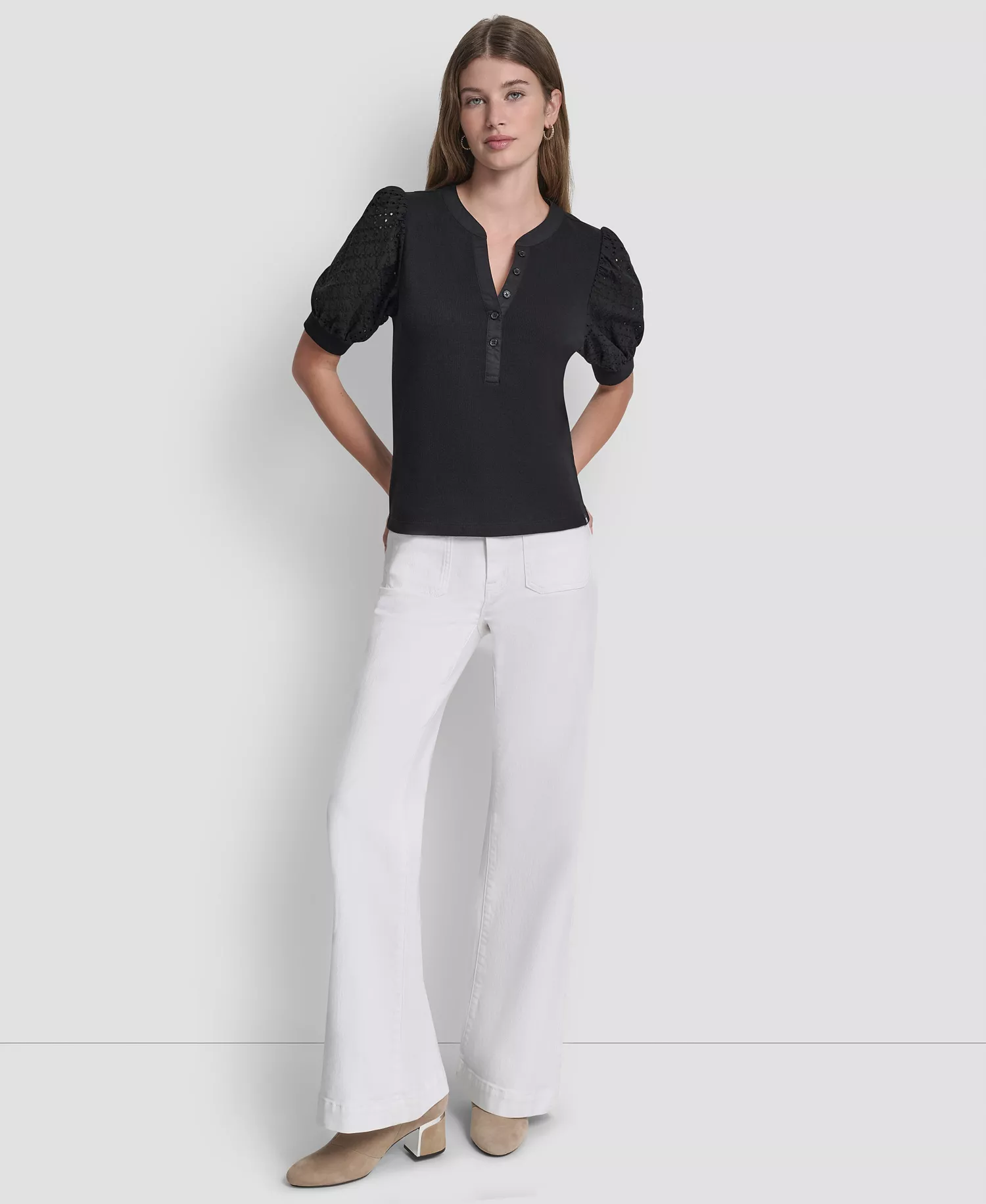 Women's Puff-Sleeve Henley Top - Clover Black - L