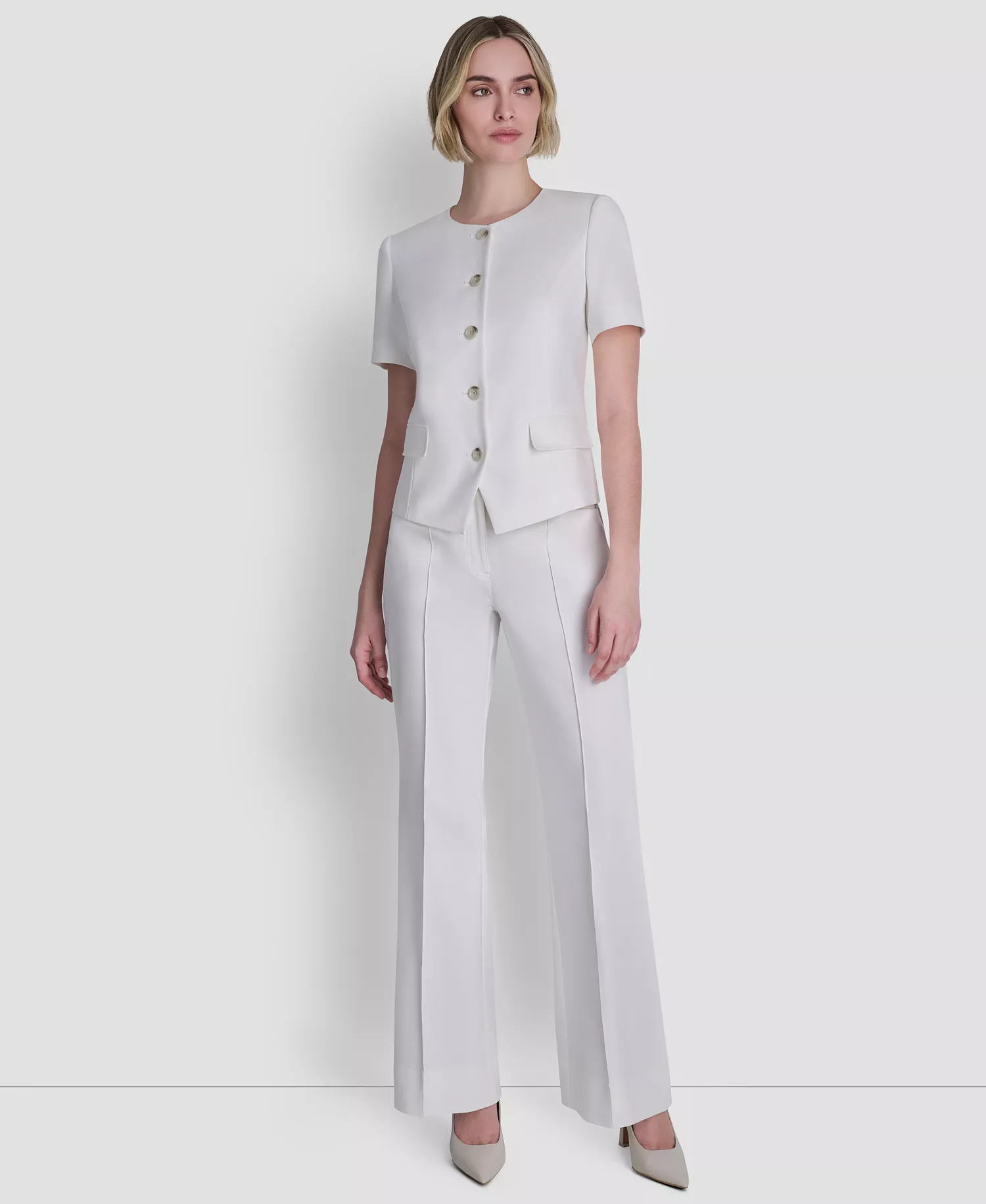 DKNY Women's Crew Neck Short-Sleeve Top and Straight Leg Pintuck Pants - Ivory - 10