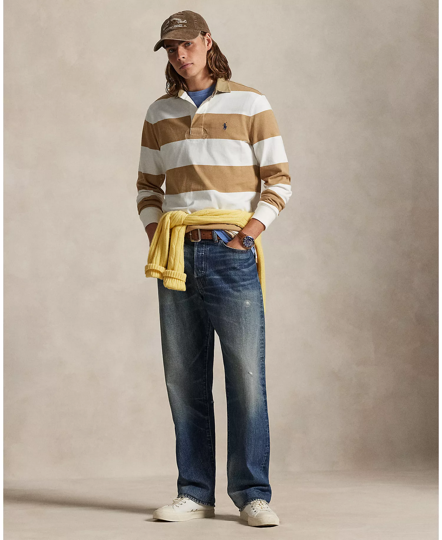 Men's Classic Fit Rugby Shirt - Cafe Tan/trophy Cream - 2XL