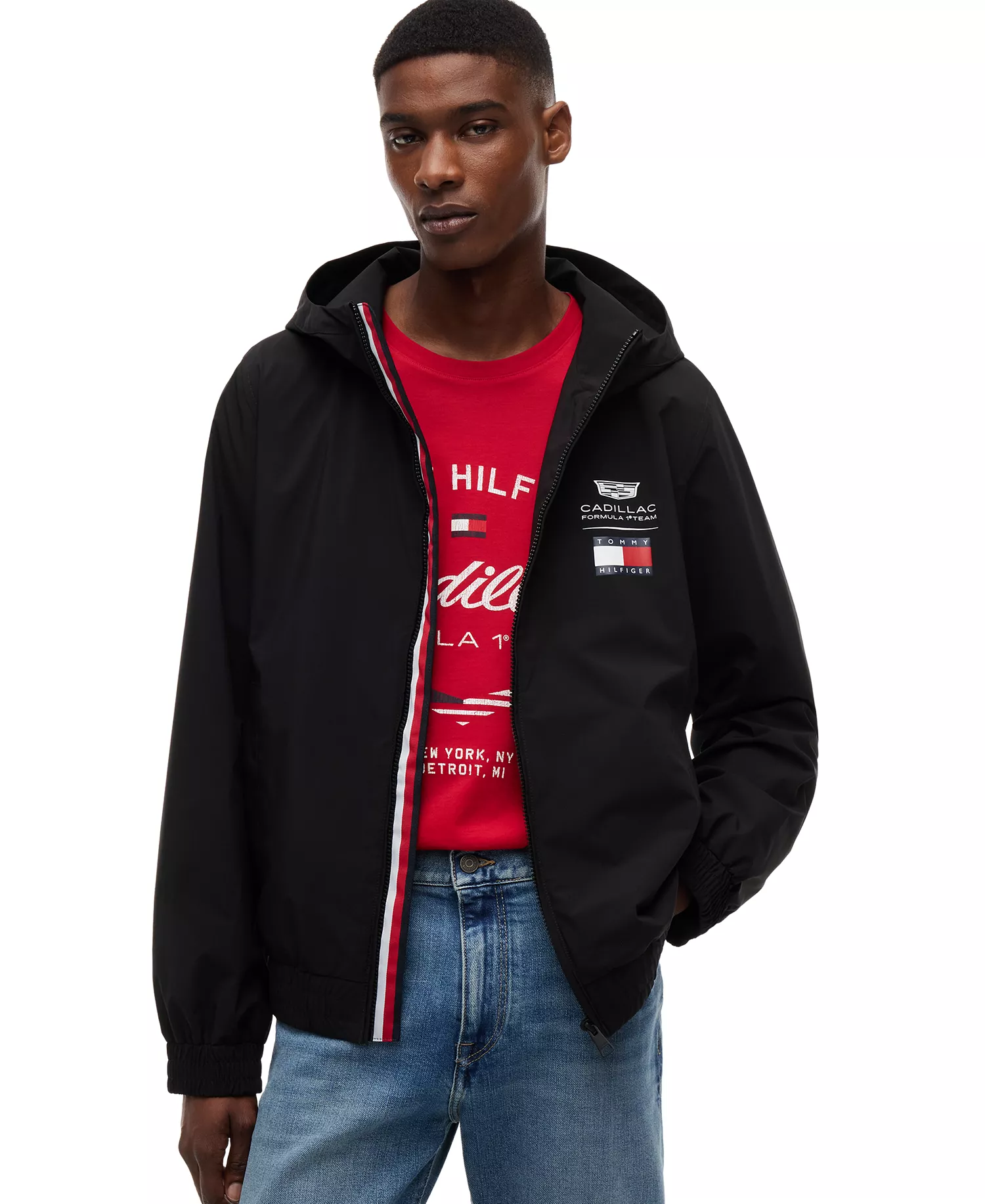 x Cadillac F1® Men's Script Hooded Windbreaker Jacket - Black - L