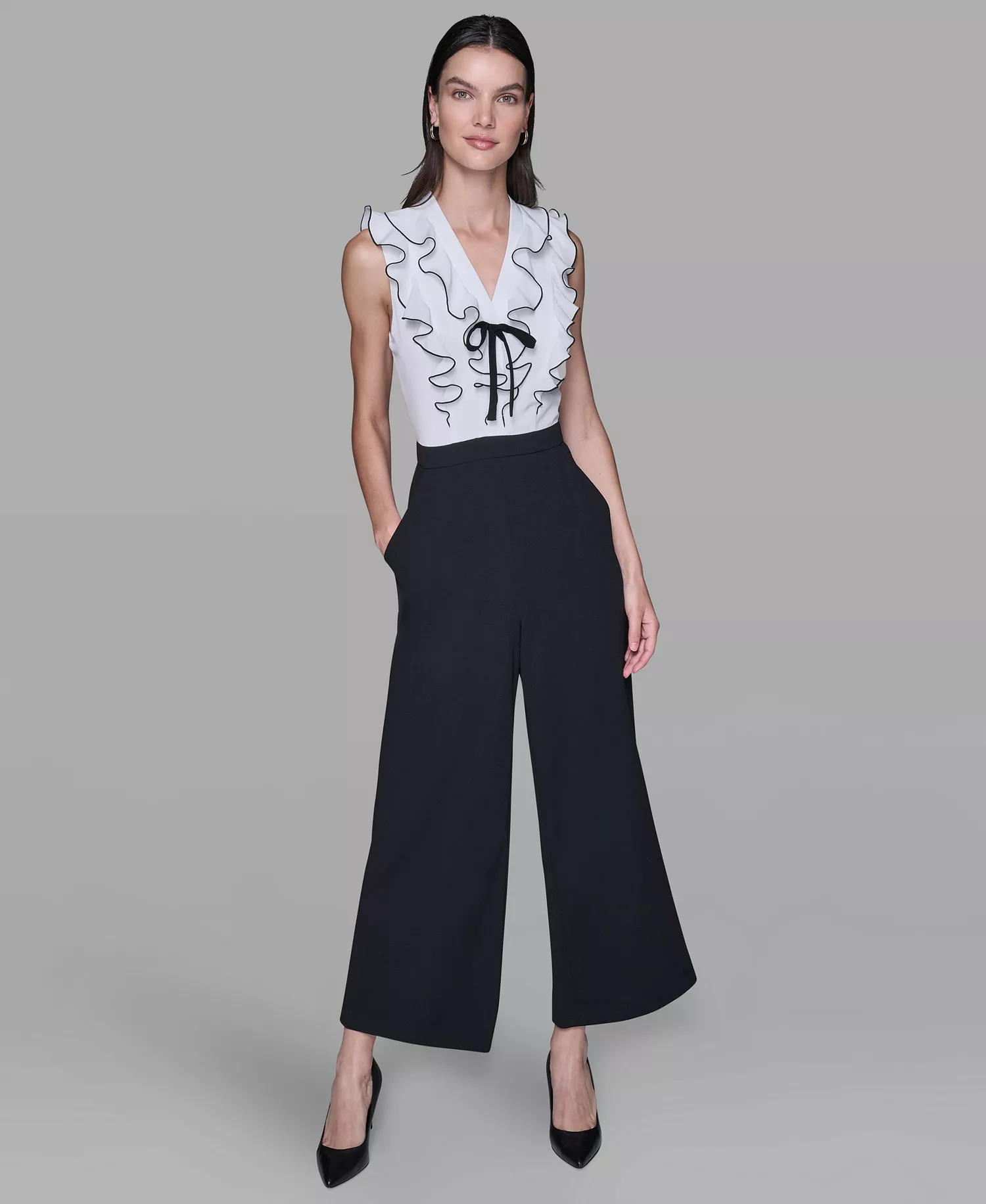 Women's Ruffle V-Neck with Contrast Bow Jumpsuit - Black/Soft White - 14
