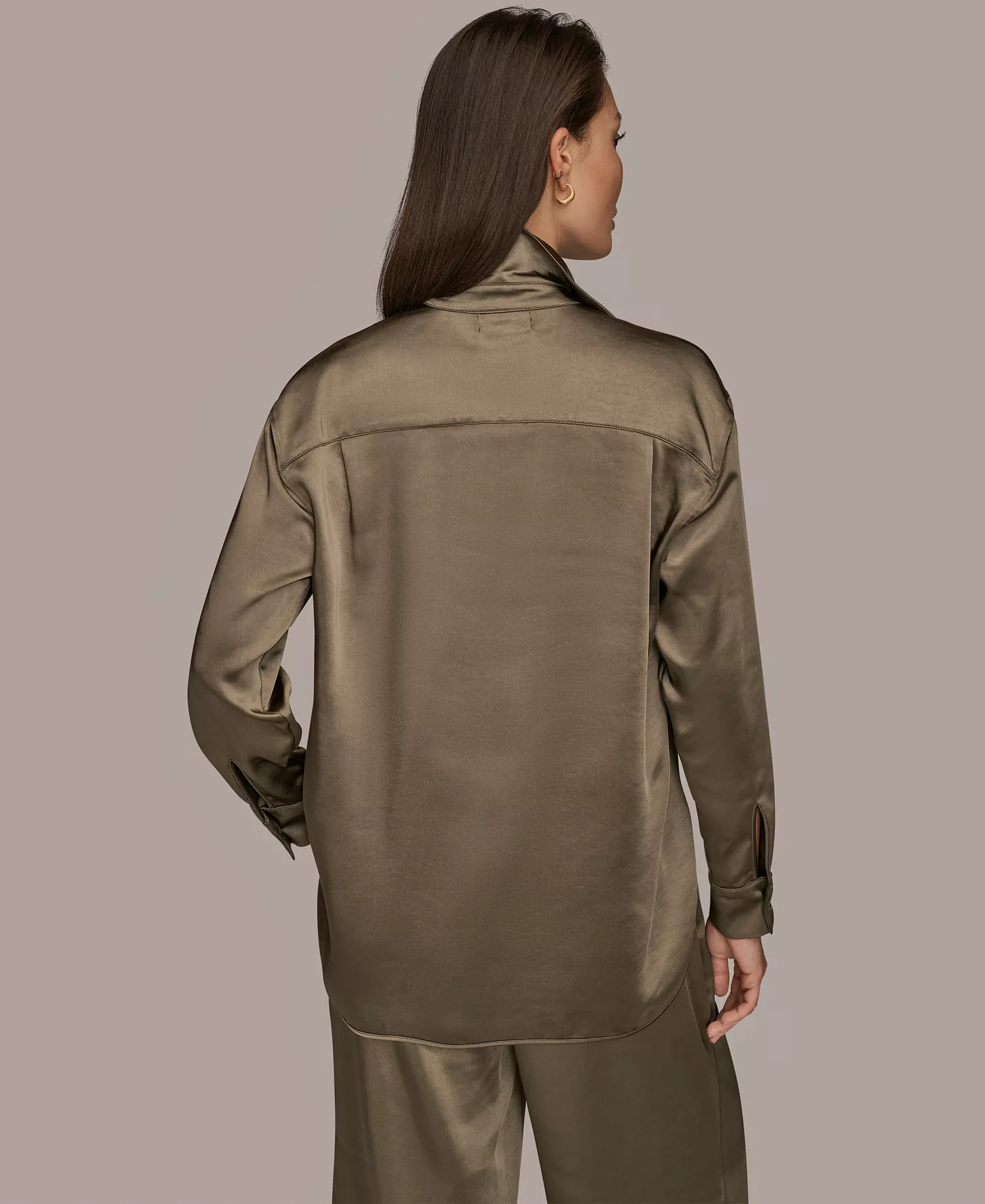 Women's Satin Button-Down Shirt - Khaki Green - L